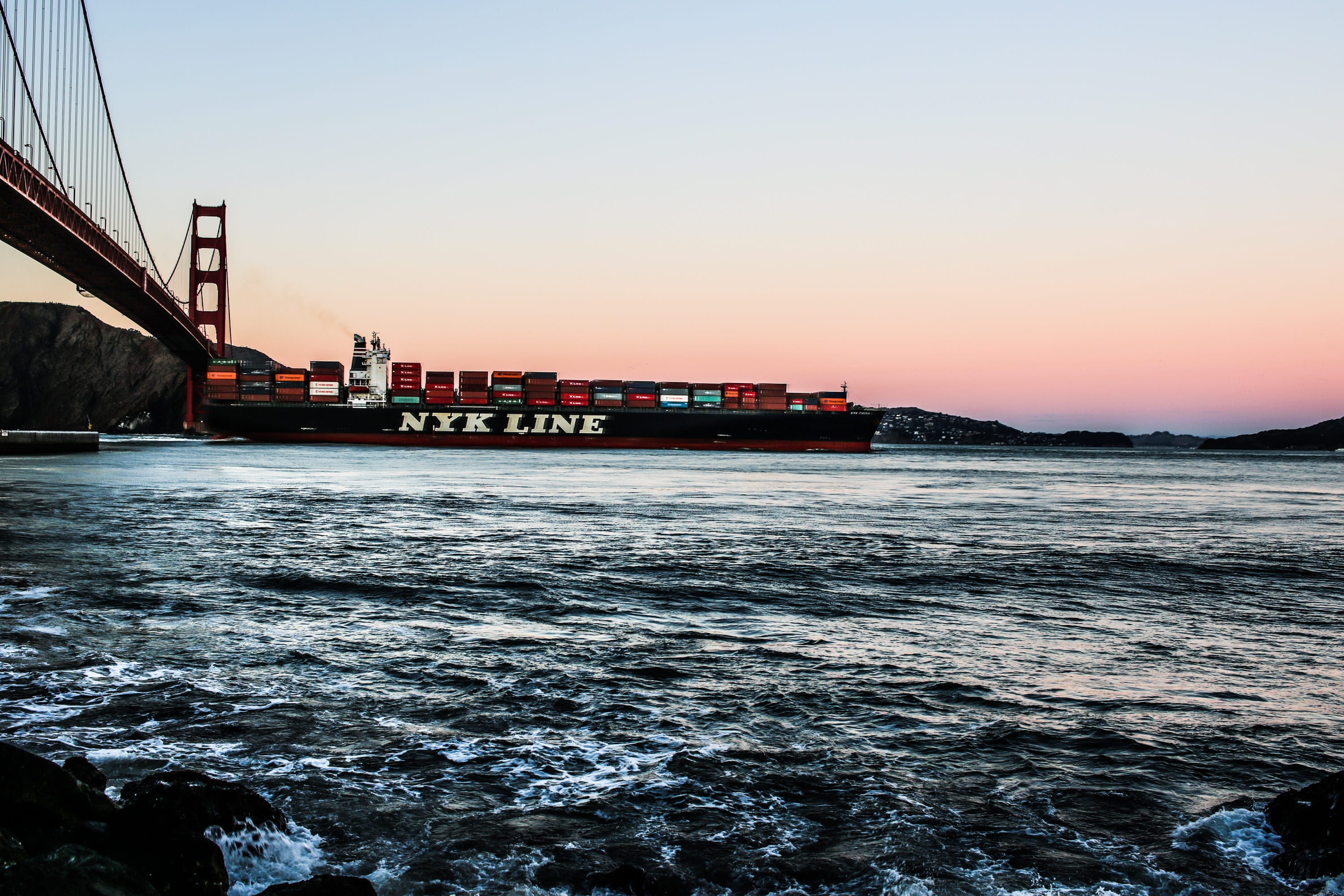mode of transportation, nature, bridge, sky, snow, ocean, san, transportation, sea, sunset, nautical vessel, container, line, francisco, flowing water, HD Wallpaper