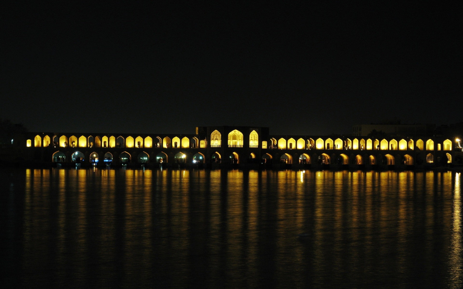 1080P, reflection, outdoors, Iran, light, dark, waterfront, architecture, arch bridge, bridge - man made structure, photography, night, bridge, sky, lighting equipment, HD Wallpaper