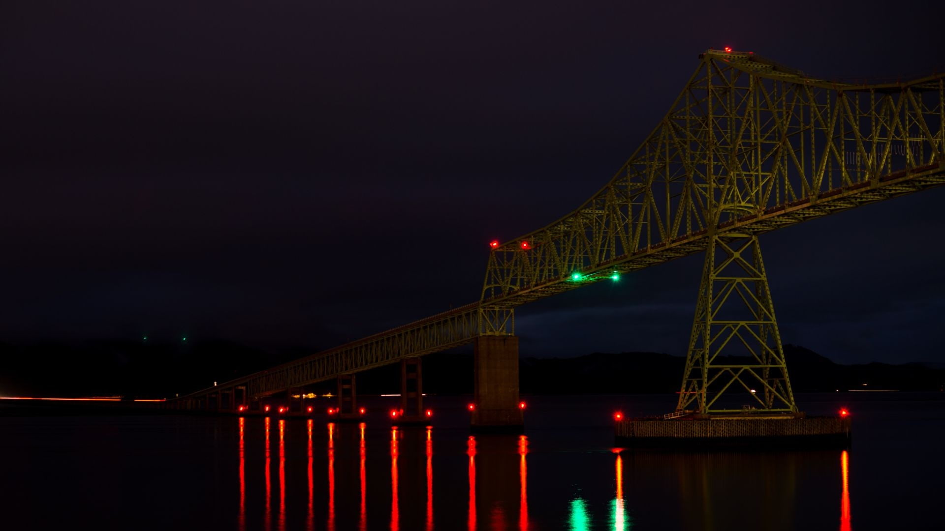 architecture, water, lights, reflection, bridge, hills, night, long exposure, street light, cityscape, 1080P, HD Wallpaper
