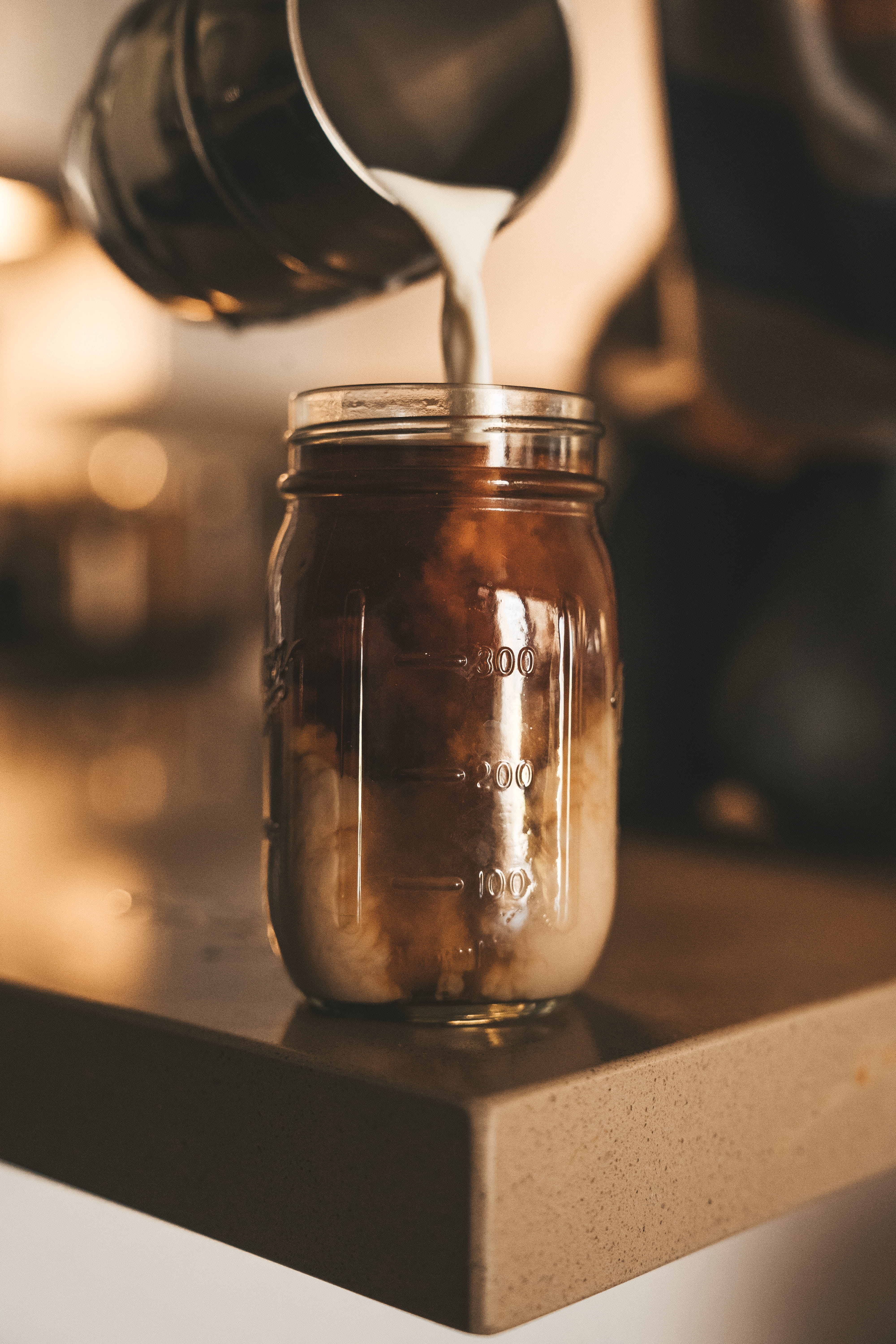 pouring, glass - material, sweets, preparation, still life, focus, drink, jar, close-up, shelf, freshness, table, glass, coffee, poured, pottery, transparent, Phone HD Wallpaper
