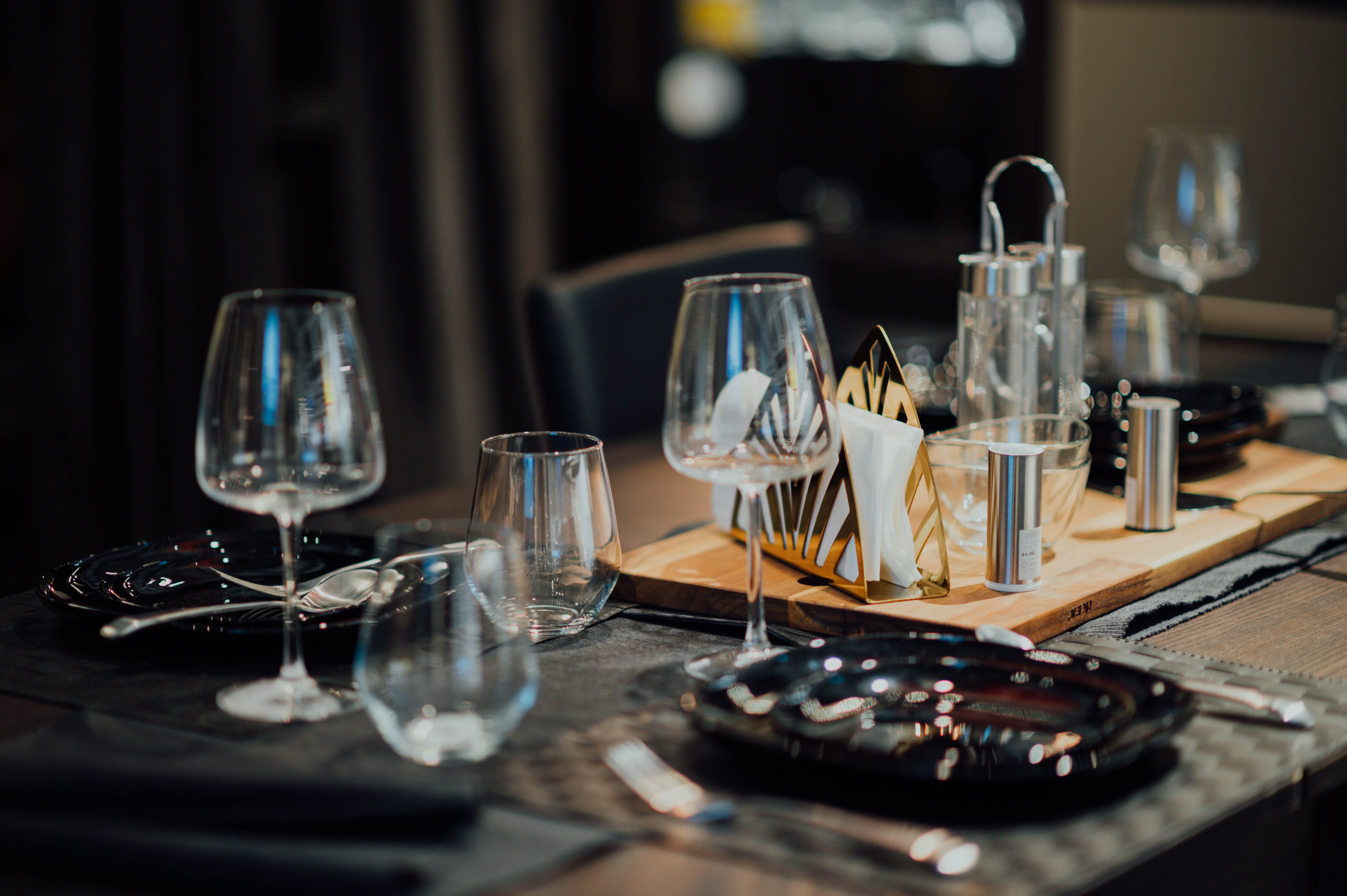 indoors, pub, glasses, setting, table knife, wine, bar counter, restaurant, peony, business, no people, 5K, plant, luxury, dating, food and drink, table, HD Wallpaper