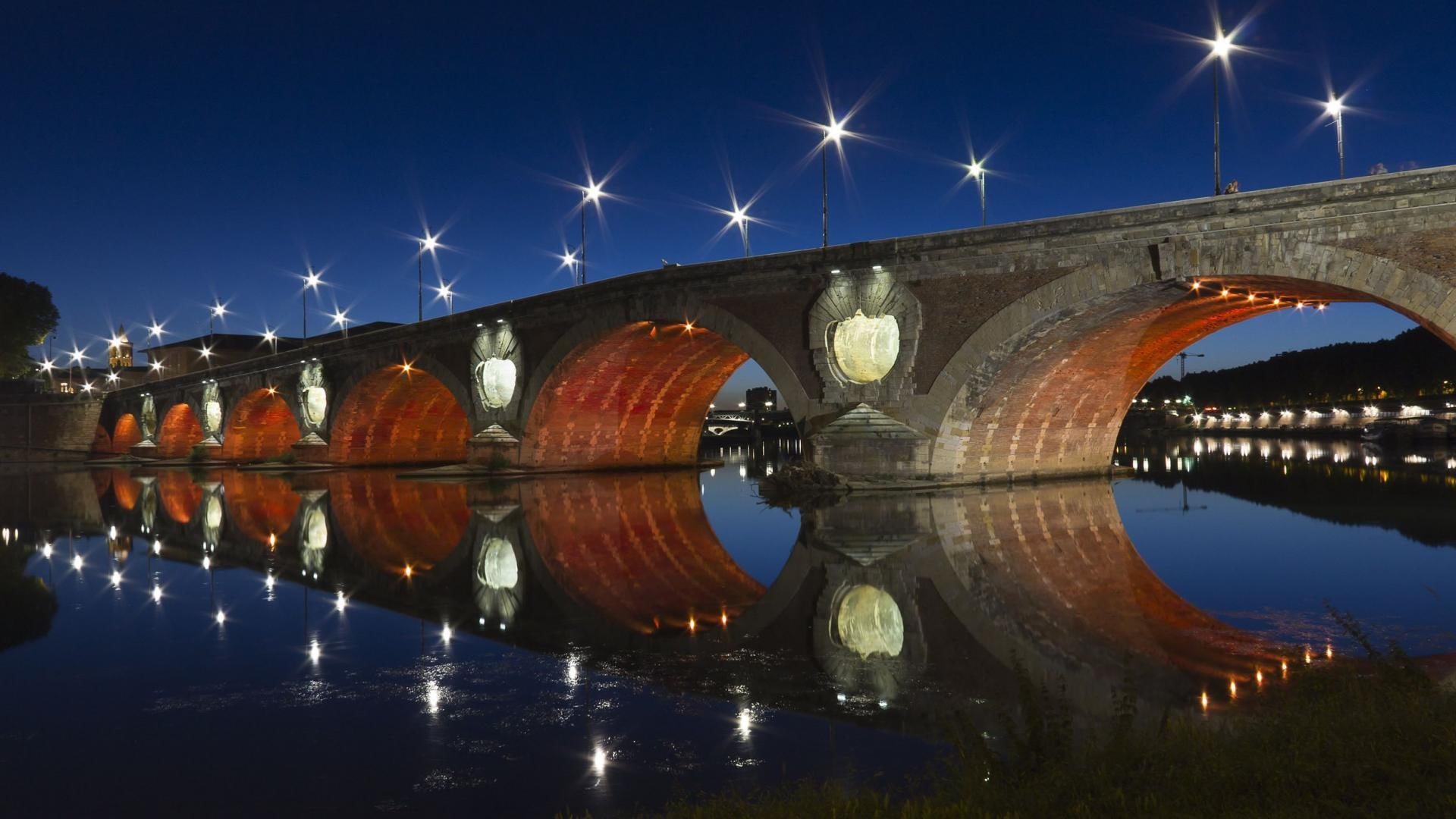 lights, toulouse, france, river, nature and landscapes, arches, night, bridge, carmes, 1080P, HD Wallpaper
