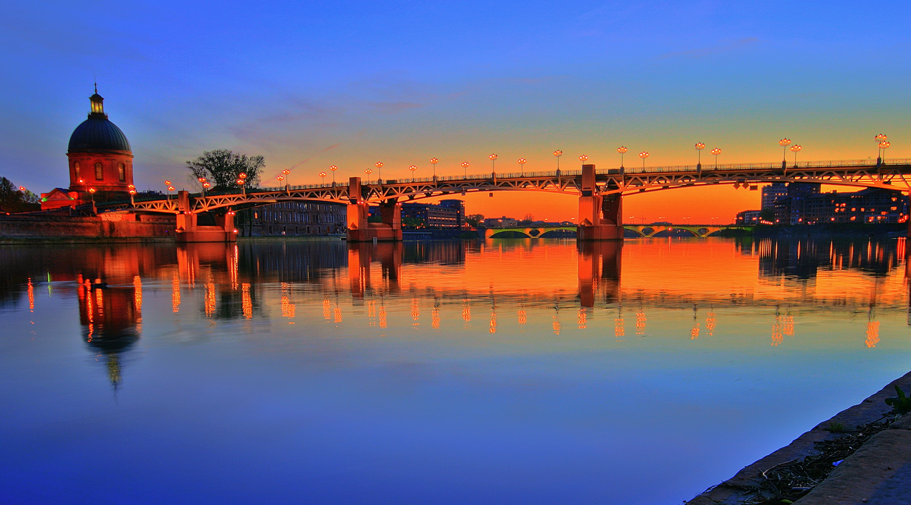 Blue, 2K, waterfront, France, nature, Midi-Pyrenees, Colors, Amazing, illuminated, building exterior, Reflection, connection, Sunset, Orange, built structure, HD Wallpaper