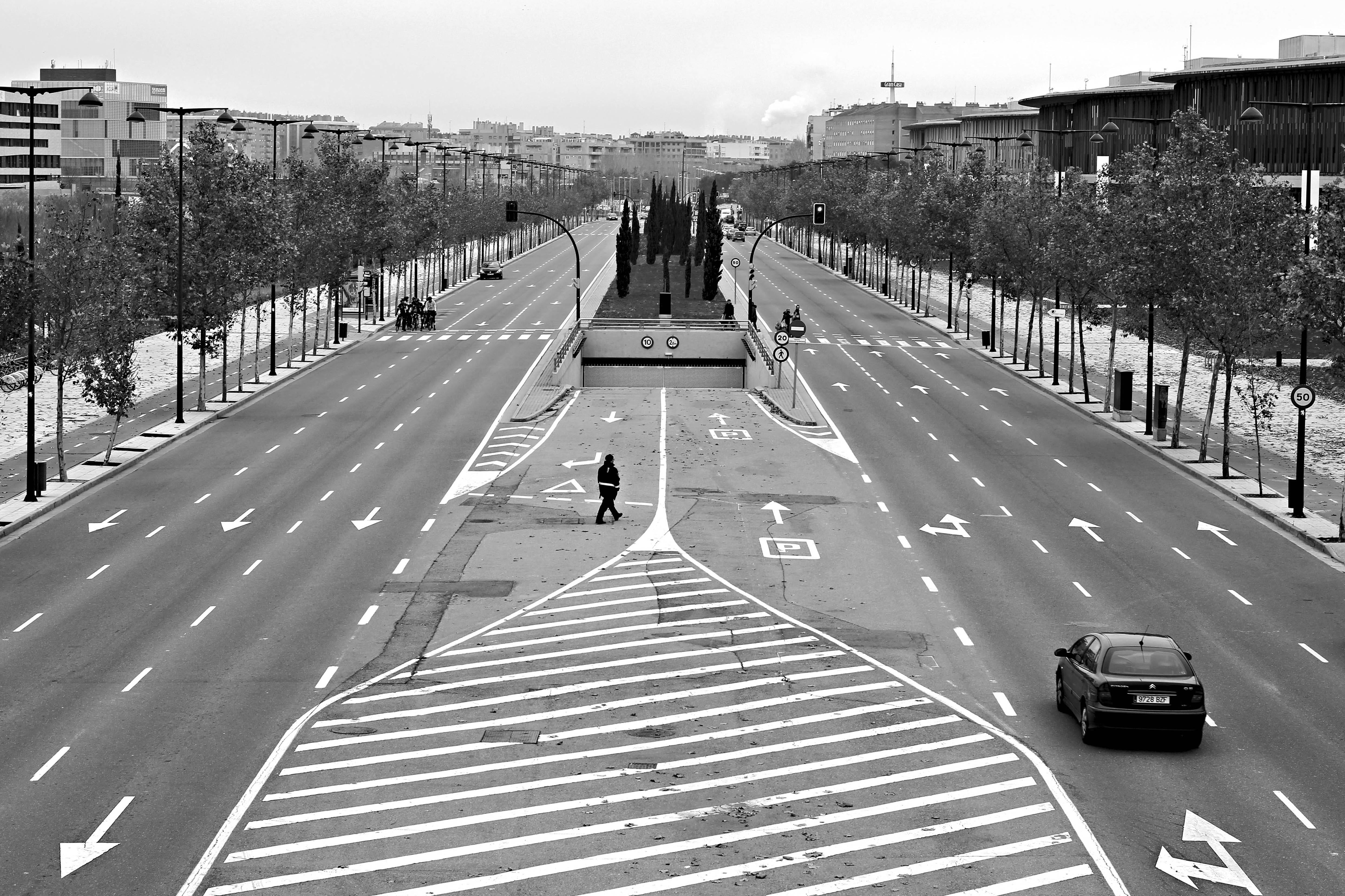 direction, land vehicle, viewpoint, car, outdoors, Avenue, black, saragossa, white, people, spain, transportation, modern bridge, bridge, 4K, city street, HD Wallpaper