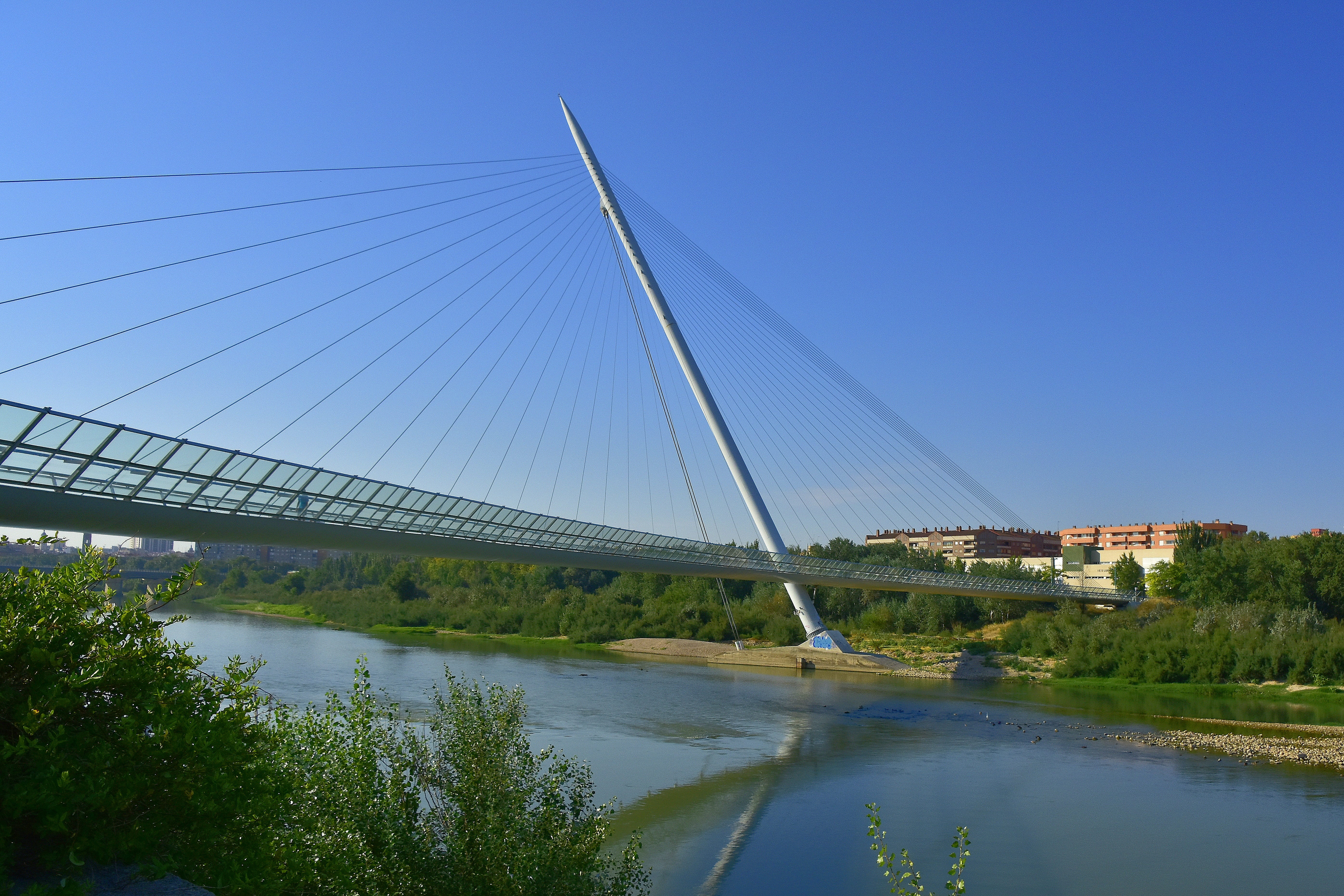 nature, suspension bridge, connection, plant, water, transportation, river, city, saragossa, day, reflection, bridge, clear sky, building exterior, 5K, HD Wallpaper