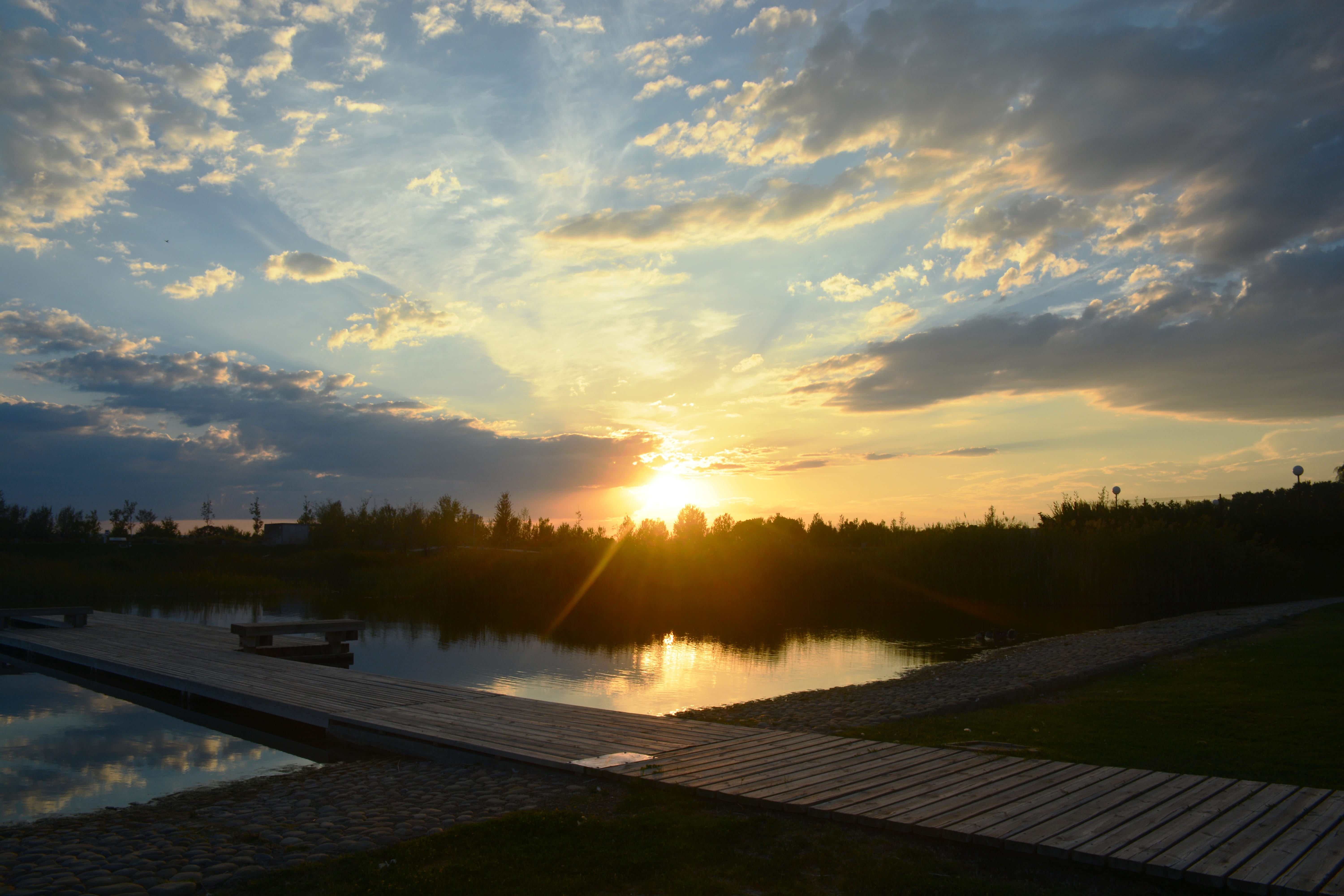 outdoors, water, light, lake, clouds, saragossa, cloud - sky, tree, crossing, tranquility, roads, orange color, 5K, scenics - nature, sunlight, beauty in nature, HD Wallpaper