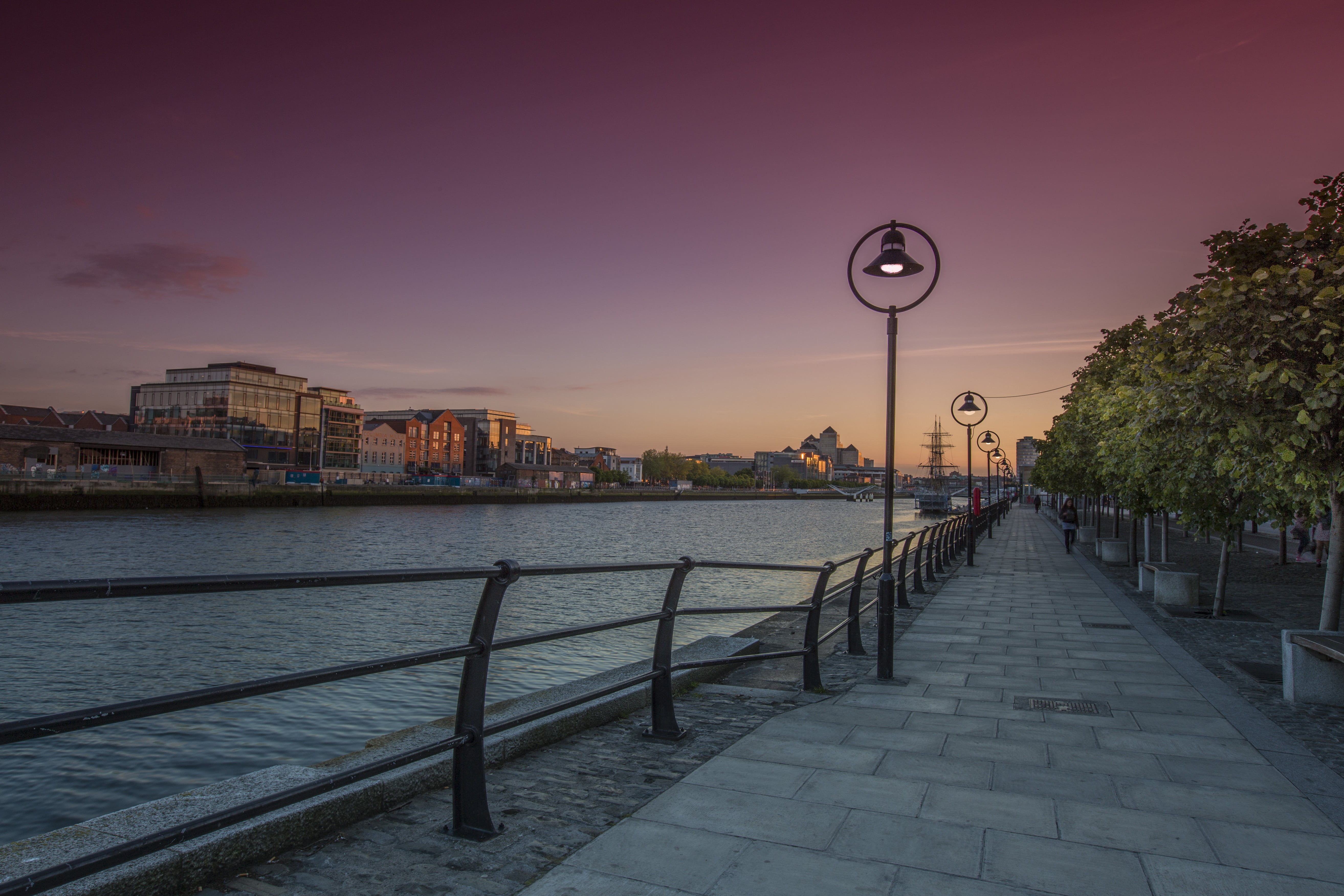 railing, park, river, cityscape, sunset, lighting equipment, near, building, city, footpath, travel destinations, nature, nighttime, tranquility, water, HD Wallpaper