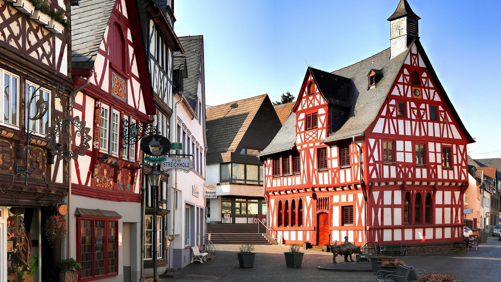 travel Destinations, residential district, cultures, rhens, half-Timbered, cityscape, travel, road, red, street, architecture, incidental people, urban Scene, HD Wallpaper
