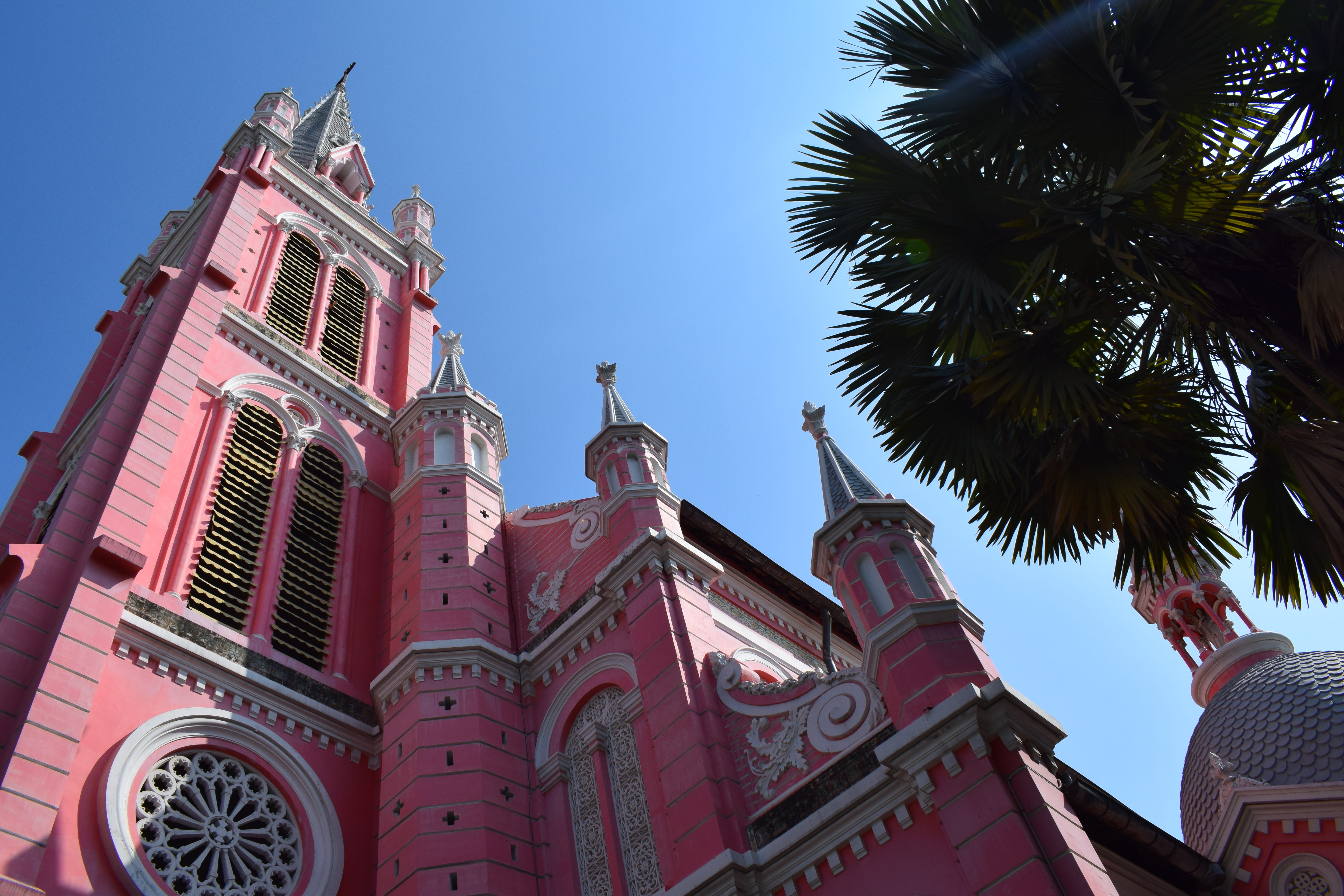 christianity, tropical climate, day, clear sky, palm tree, built structure, pink, outdoors, nature, god, building, low angle view, sky, 5K, vietnam, church, HD Wallpaper
