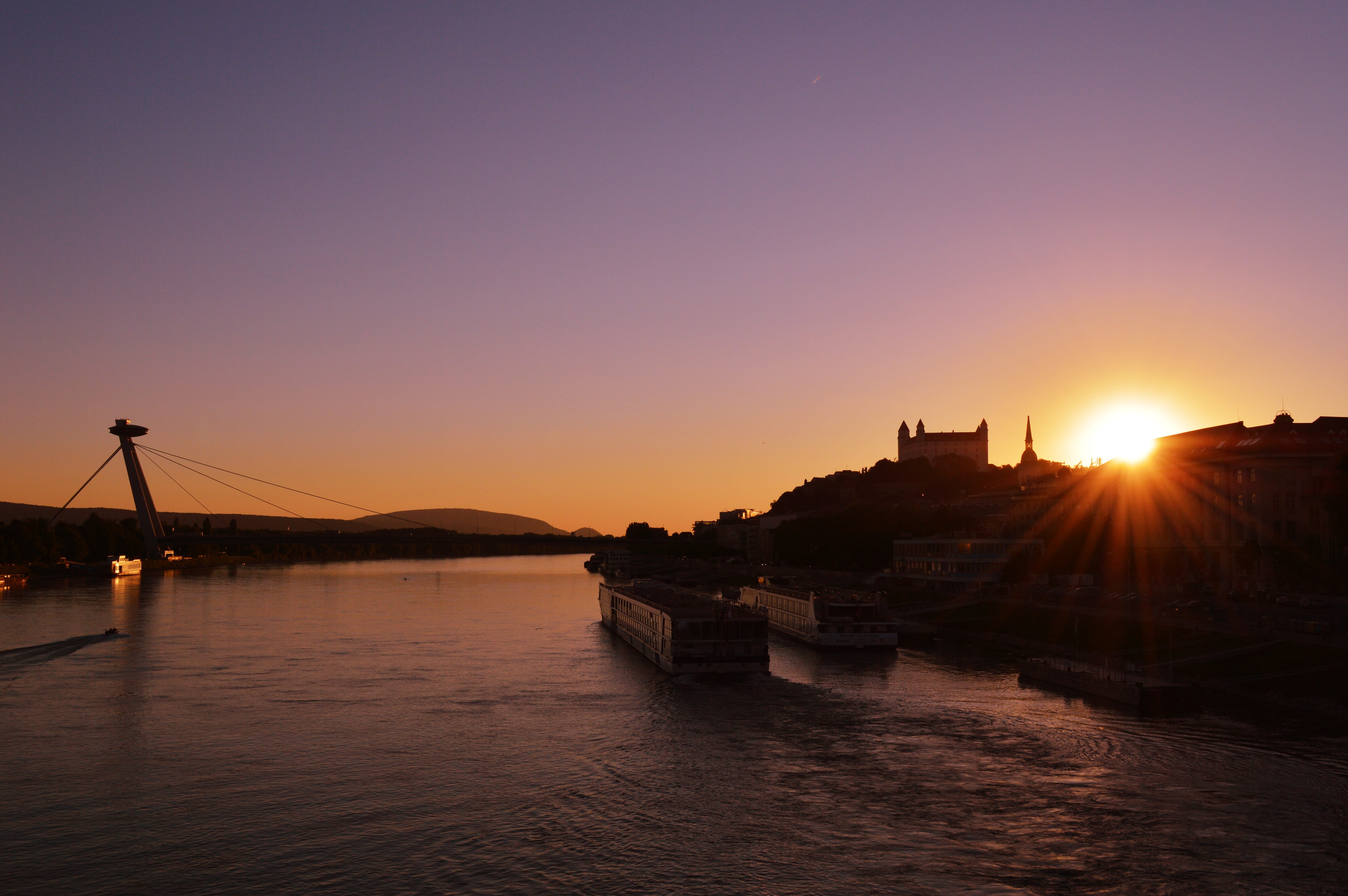 beauty in nature, Slovakia, sun, outdoors, bratislava castle, sky, sunlight, ufo, bay, the clouds, parliament, bridge - man made structure, city, nautical vessel, HD Wallpaper