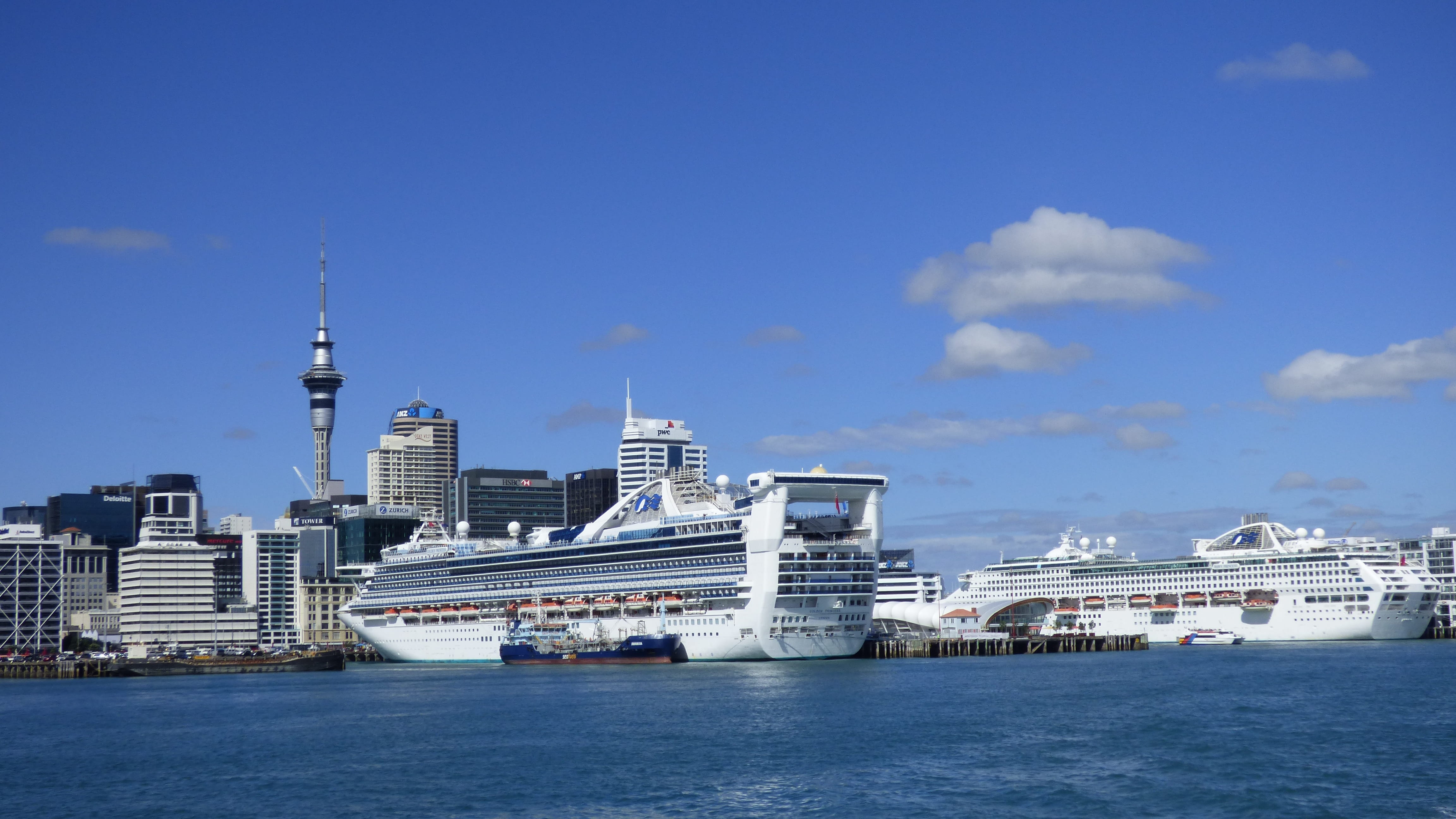 sea, cityscape, golden princess, Auckland, modern, cruiser, water, transportation, nautical vessel, outdoors, nature, sky, 4K, ship, harbour, city, financial district, HD Wallpaper
