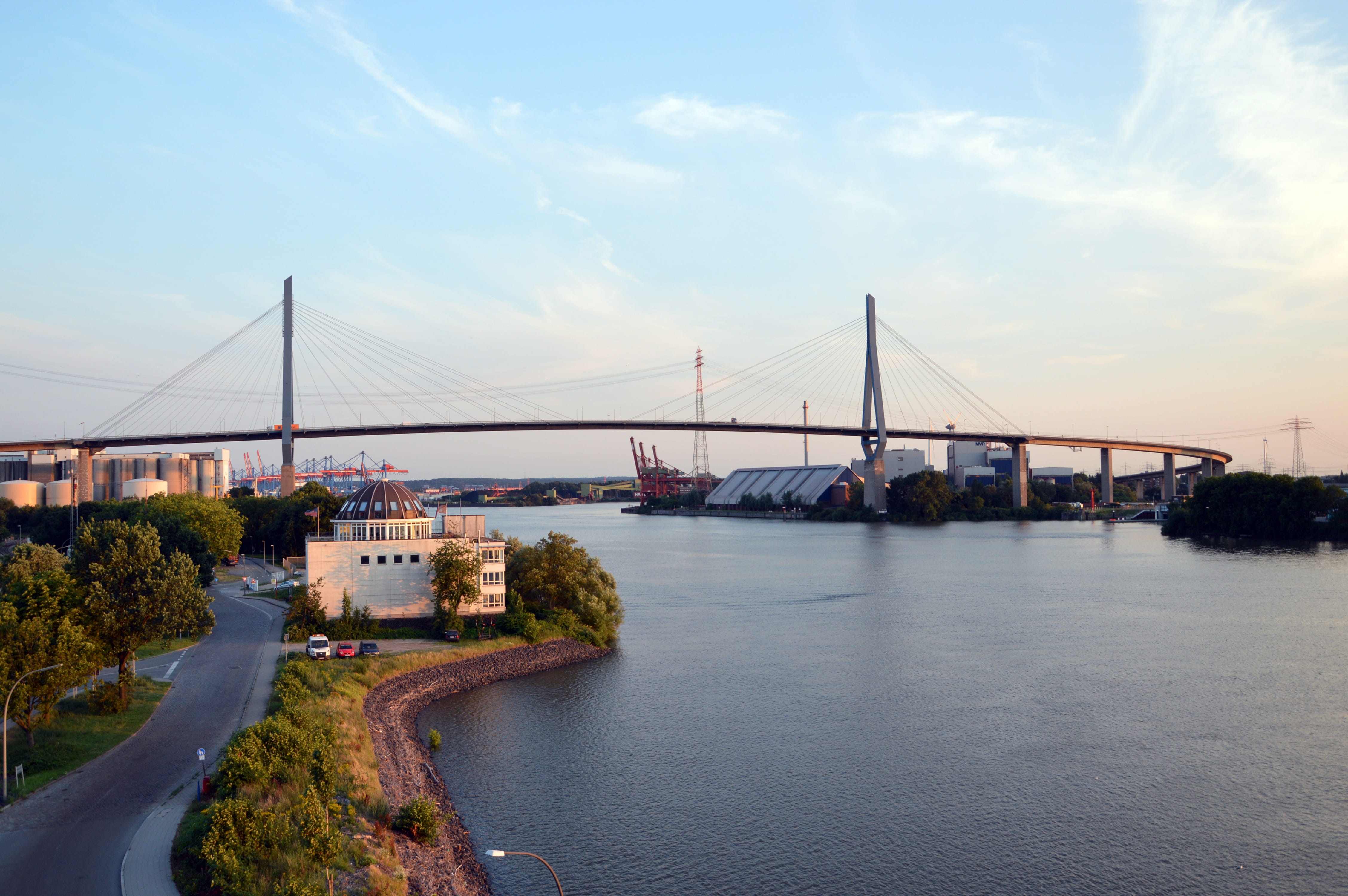 waltershof, köhlbrand bridge, tourism, bay, transportation, sky, engineering, travel, river, built structure, suspension bridge, bridge, water, port, cloud - sky, HD Wallpaper