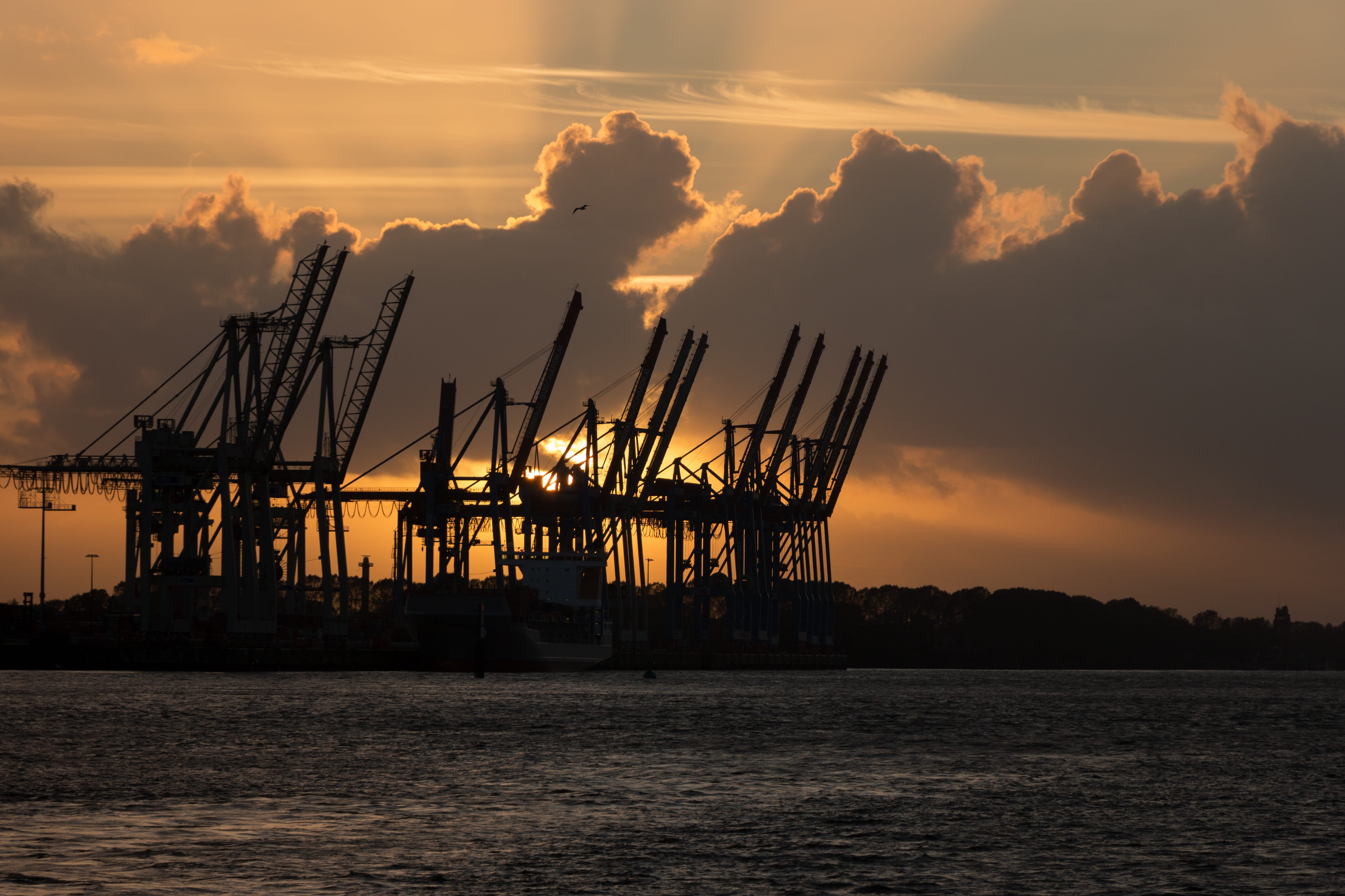 sunset, sea, port, crane - construction machinery, ship, port city, industry, crane, shipping, pier, maritime, hamburg landungsbrücken, hanseatic, cloud - sky, HD Wallpaper