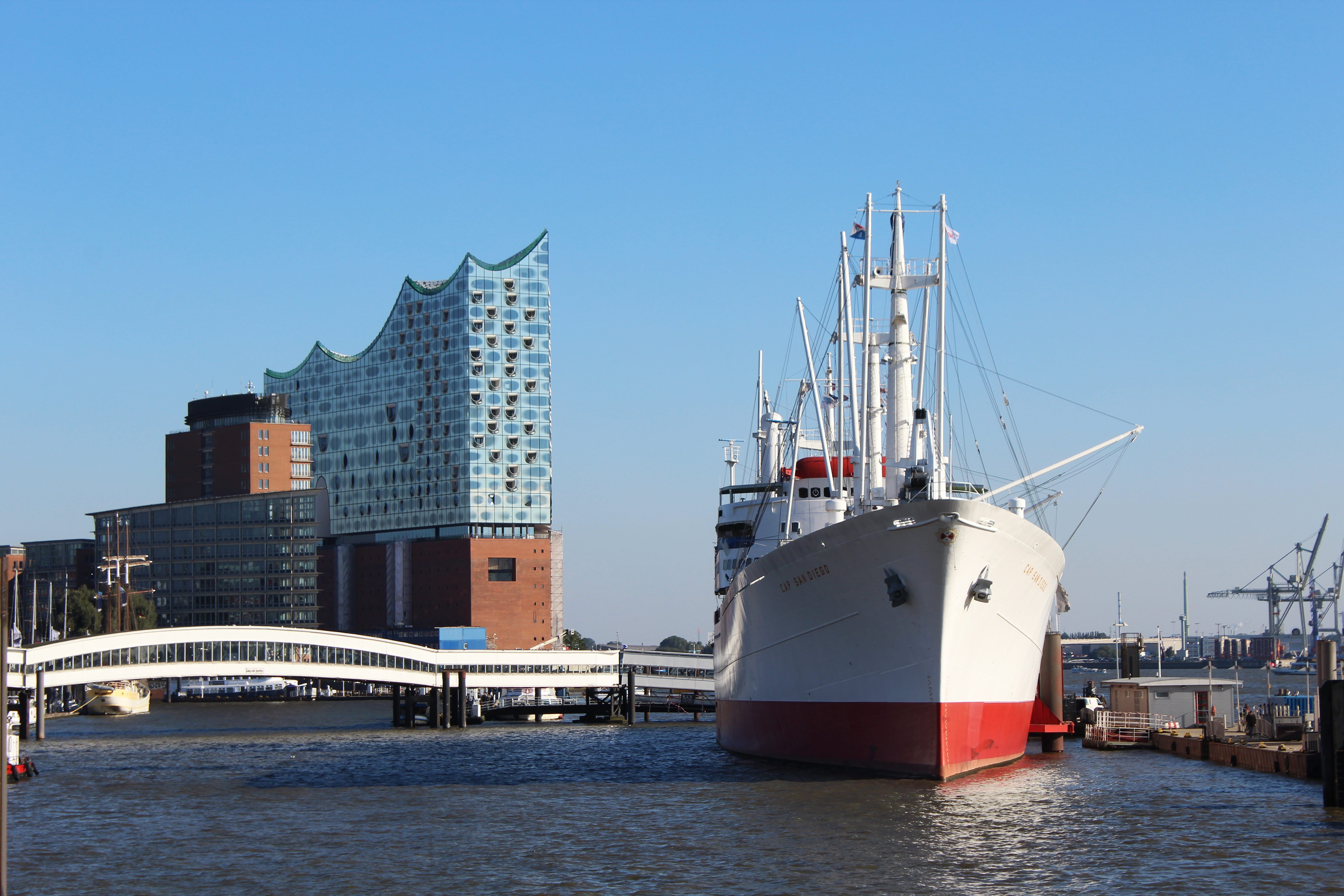 pier, north sea, sailboat, modern, elbe philharmonic hall, day, mode of transportation, transportation, ship, sailing vessel, building, hanseatic city, HD Wallpaper