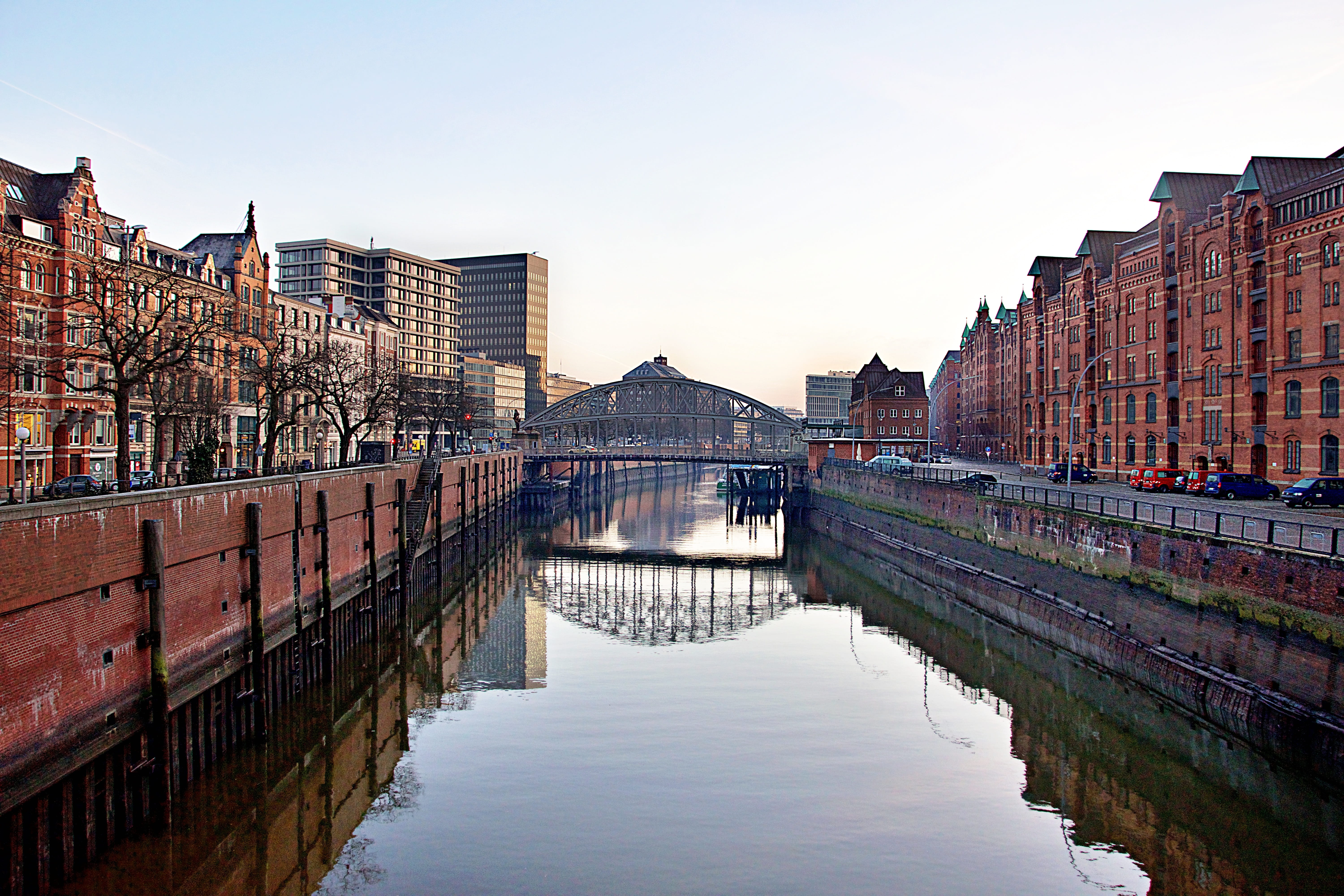 city, nature, sky, hamburg, channel, bridge - man made structure, building exterior, bridge, waterfront, clear sky, architecture, world heritage, water, HD Wallpaper