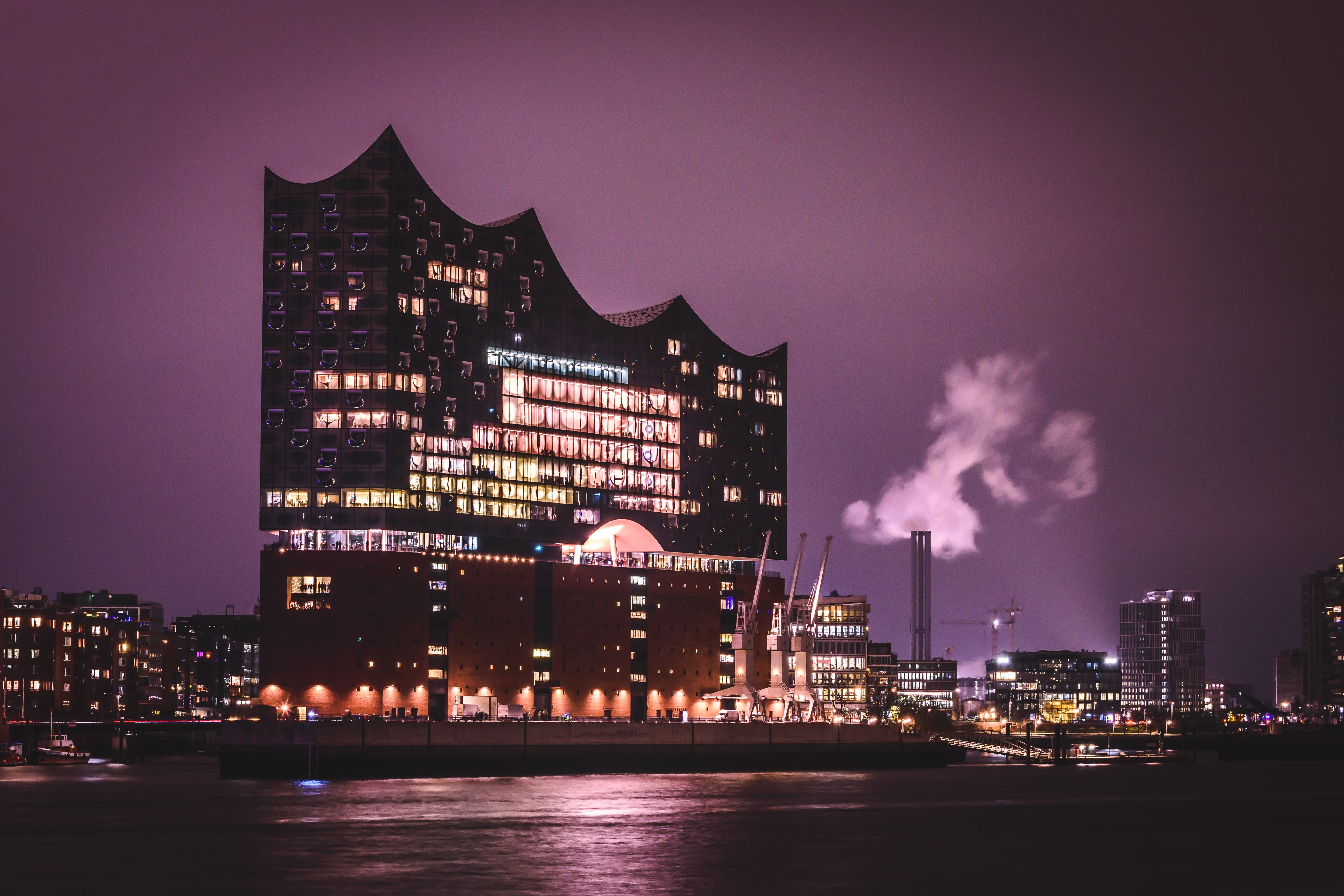 city life, illuminated, landscape, evening light, elbe, water, built structure, building exterior, buildings, travel destinations, architecture, cityscape, HD Wallpaper