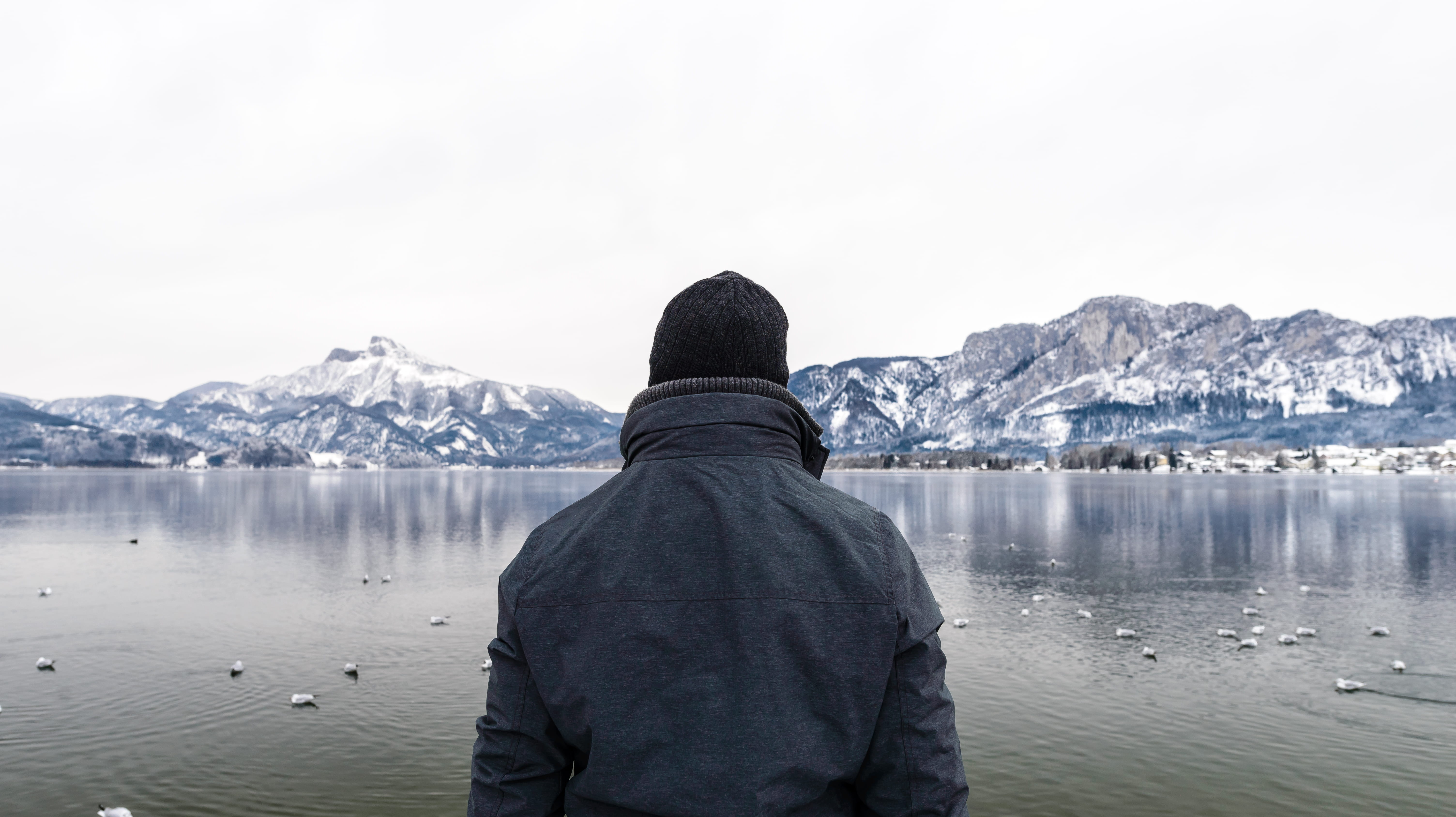 back view, wear, environment, scenics - nature, one person, nature, body of water, cold temperature, black, ice, season, reflection, frozen, frost, body, HD Wallpaper