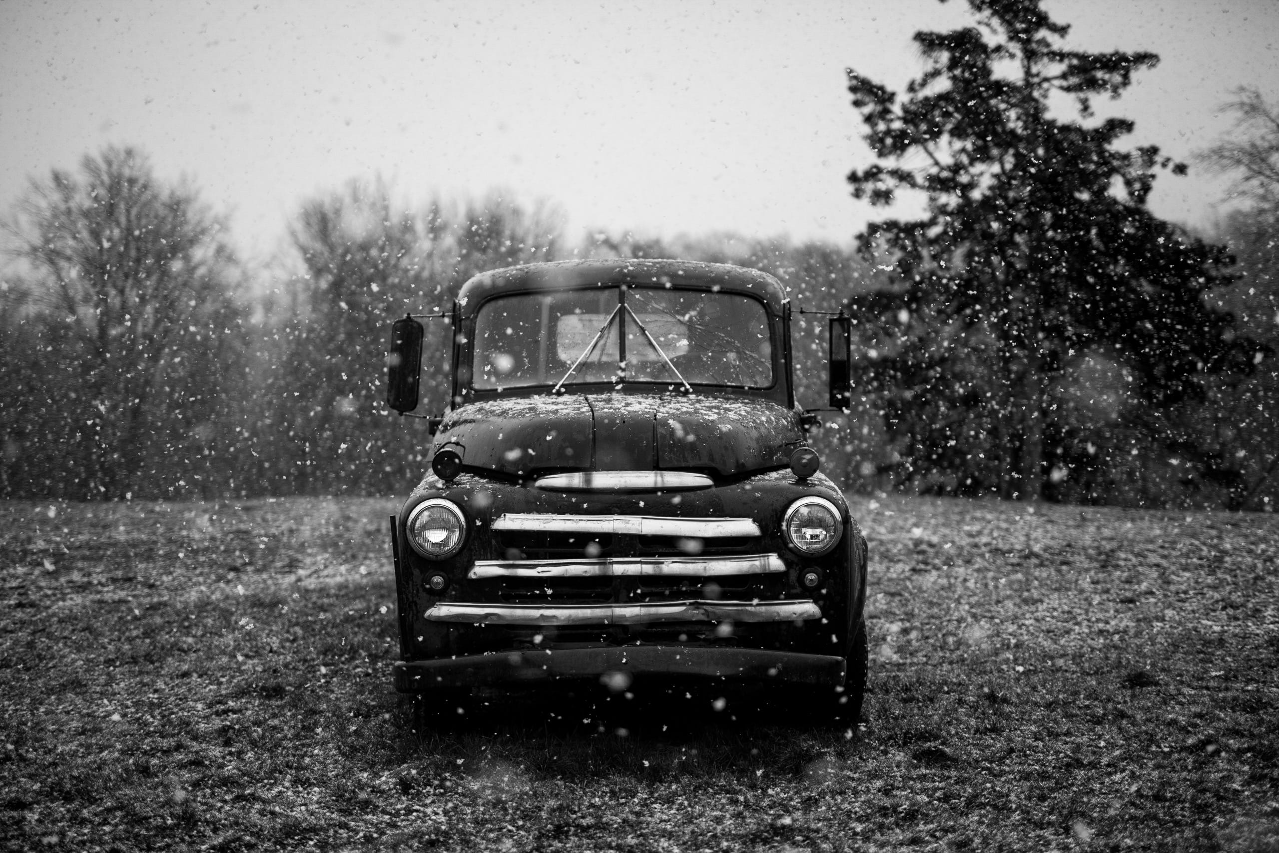 mode of transportation, day, tree, car, field, grayscale, front view, nostalgia, classic, plant, land, rainy, 2K, old, transportation, retro styled, no people, HD Wallpaper
