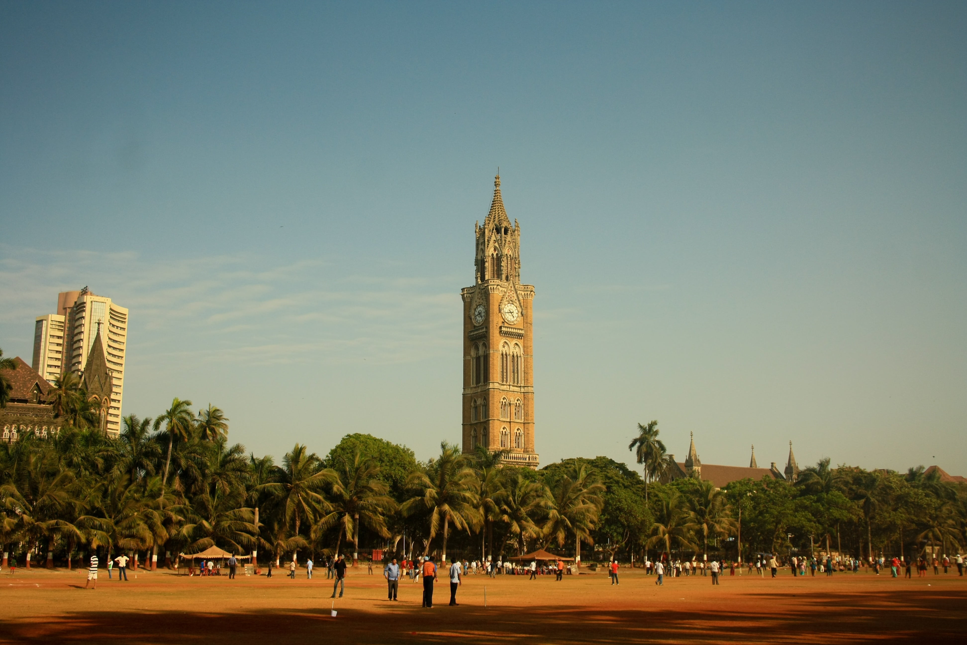 built structure, tree, group of people, women, clock tower, spirituality, sky, building exterior, crowd, religion, mumbai, nature, victorian, large group of people, HD Wallpaper