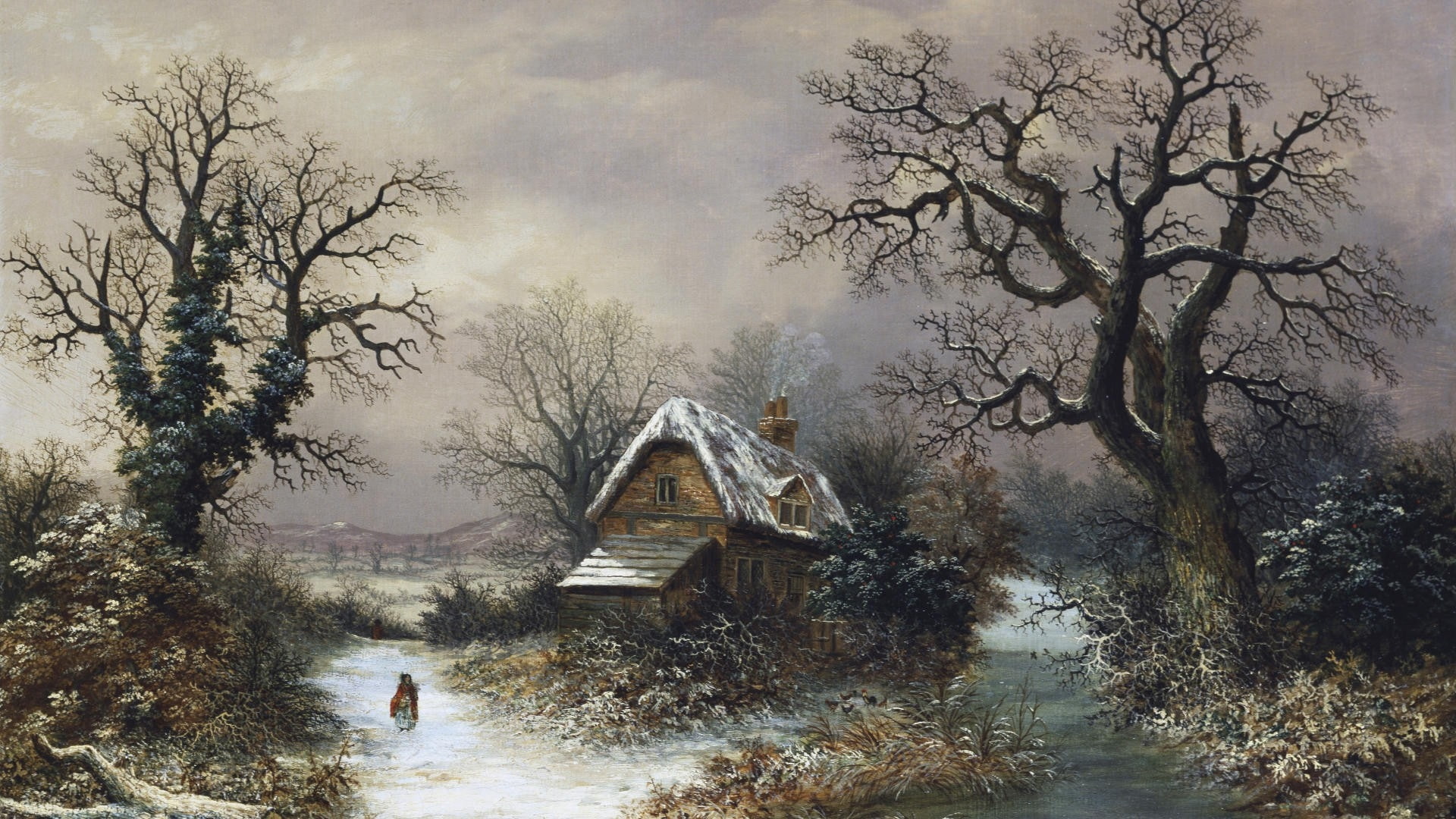 eve, cottage, art, hd, houses, Christmas, 1080P, snow, artwork, Landscapes, architecture, Winter, HD Wallpaper