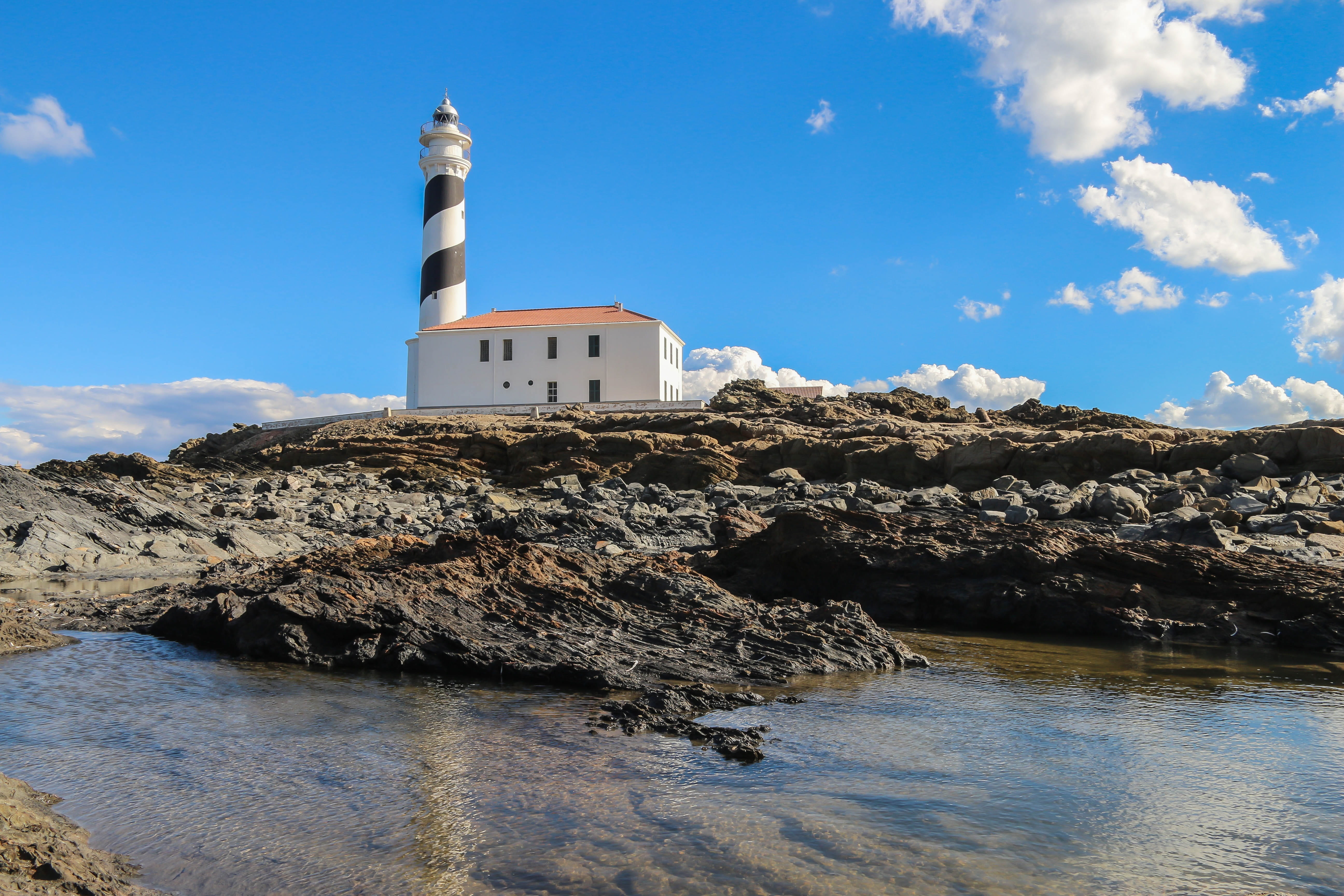nature, rock, peaceful, lighthouse, Island, favaritx, building, environment, guidance, outdoors, formation, coastline, travel Locations, sea, stones, building exterior, HD Wallpaper