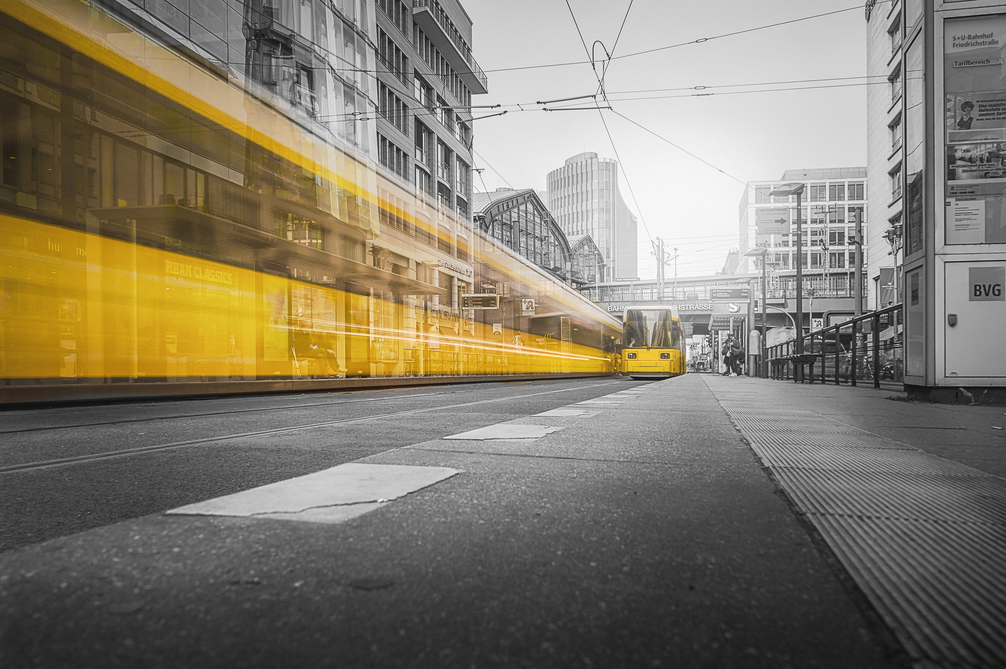 tram, transportation, near, movement, color key, 2K, yellow, rail transportation, connection, building, mode of transportation, speed, berlin, building exterior, HD Wallpaper