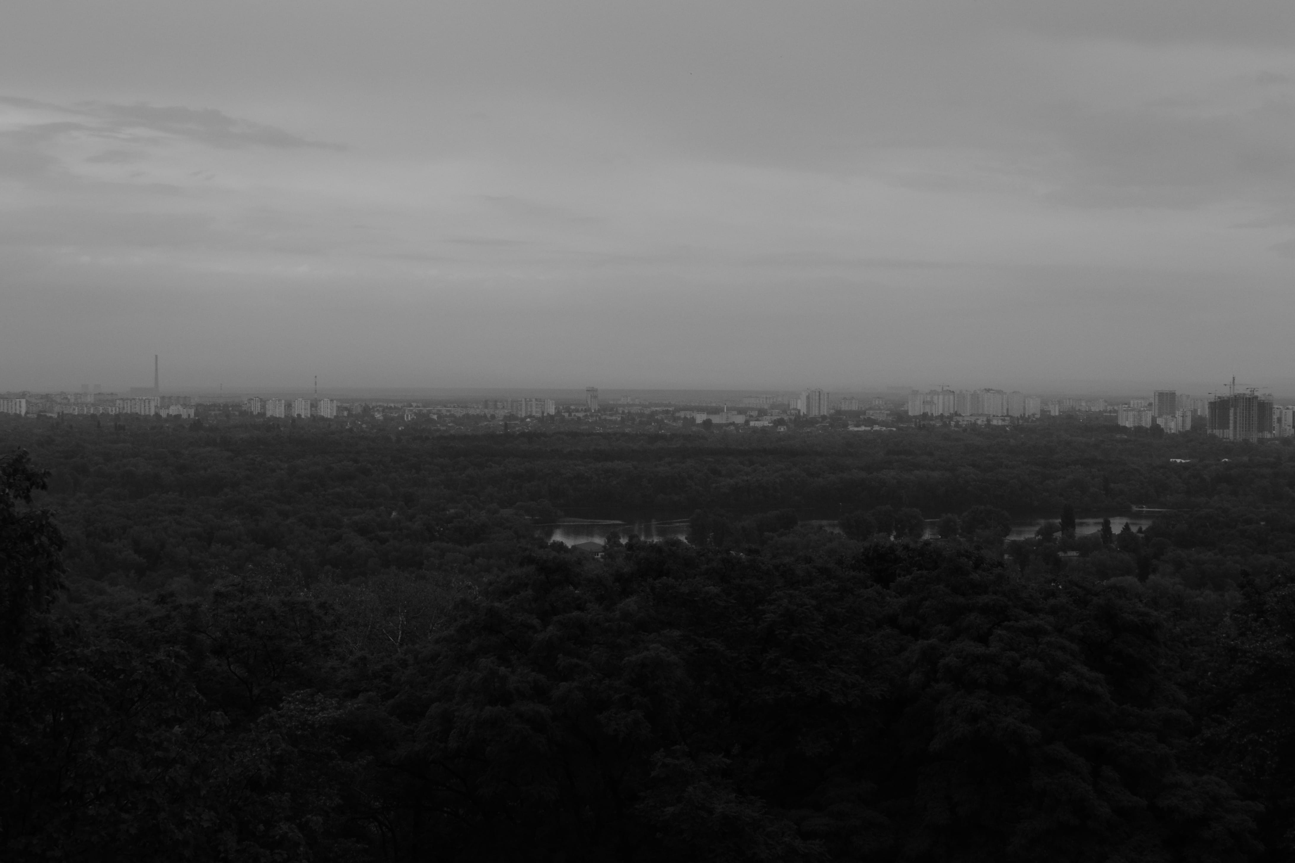 building exterior, day, high angle view, building, plant, no people, 4K, black and white, nature, environment, tree, sky, outdoors, kyiv, river, growth, HD Wallpaper