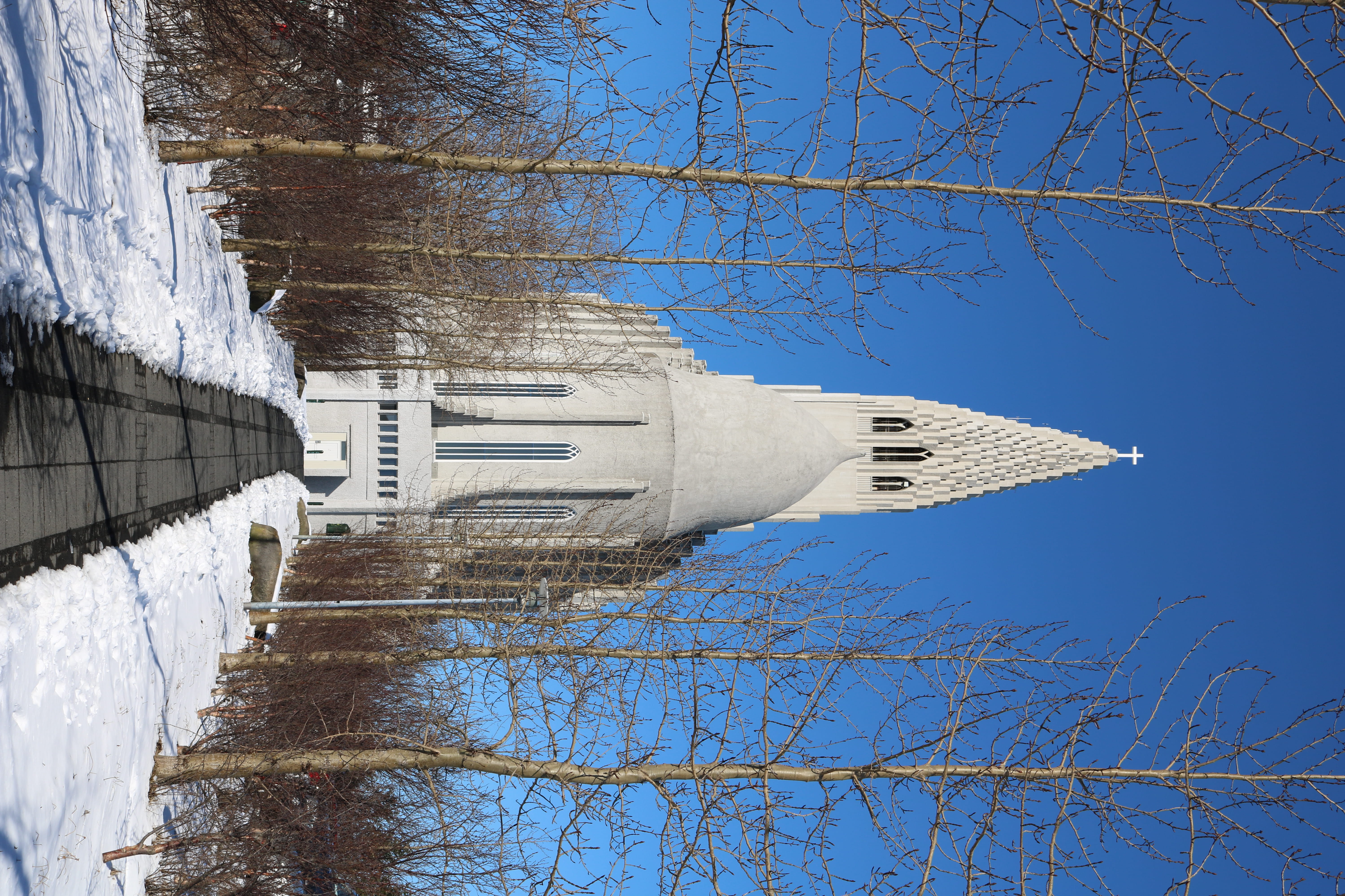 spire, iceland, branch, sky, building, obelisk, bare tree, path, tree, nature, pillar, winter, road, tower, day, monument, low angle view, clear sky, bell tower, HD Wallpaper