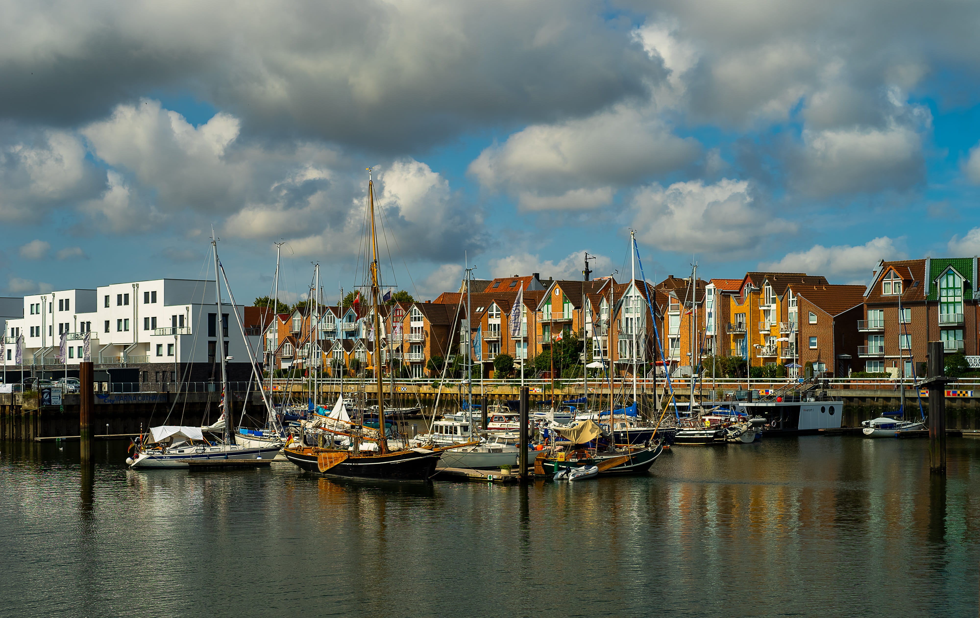 sea, sky, waterfront, ship, anchored, port, 4K, screen background, built structure, cuxhaven, river, nautical vessel, tourism, sailing boat, city, no people, HD Wallpaper