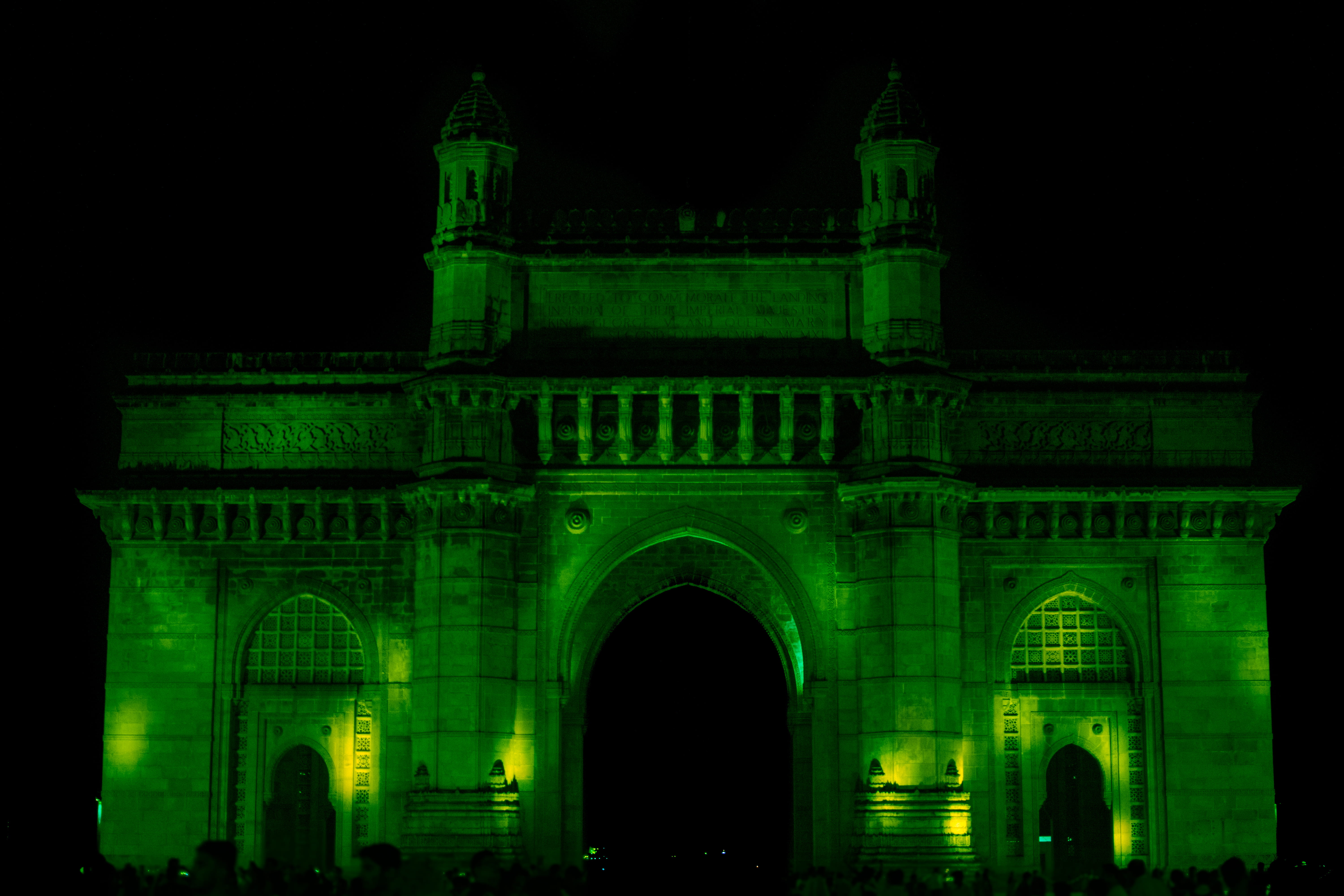 lights, tourism, india, outdoors, gatewayofindia, monument, no people, 5K, travel, mumbai, building exterior, history, city, green, illuminated, gateway of india, HD Wallpaper