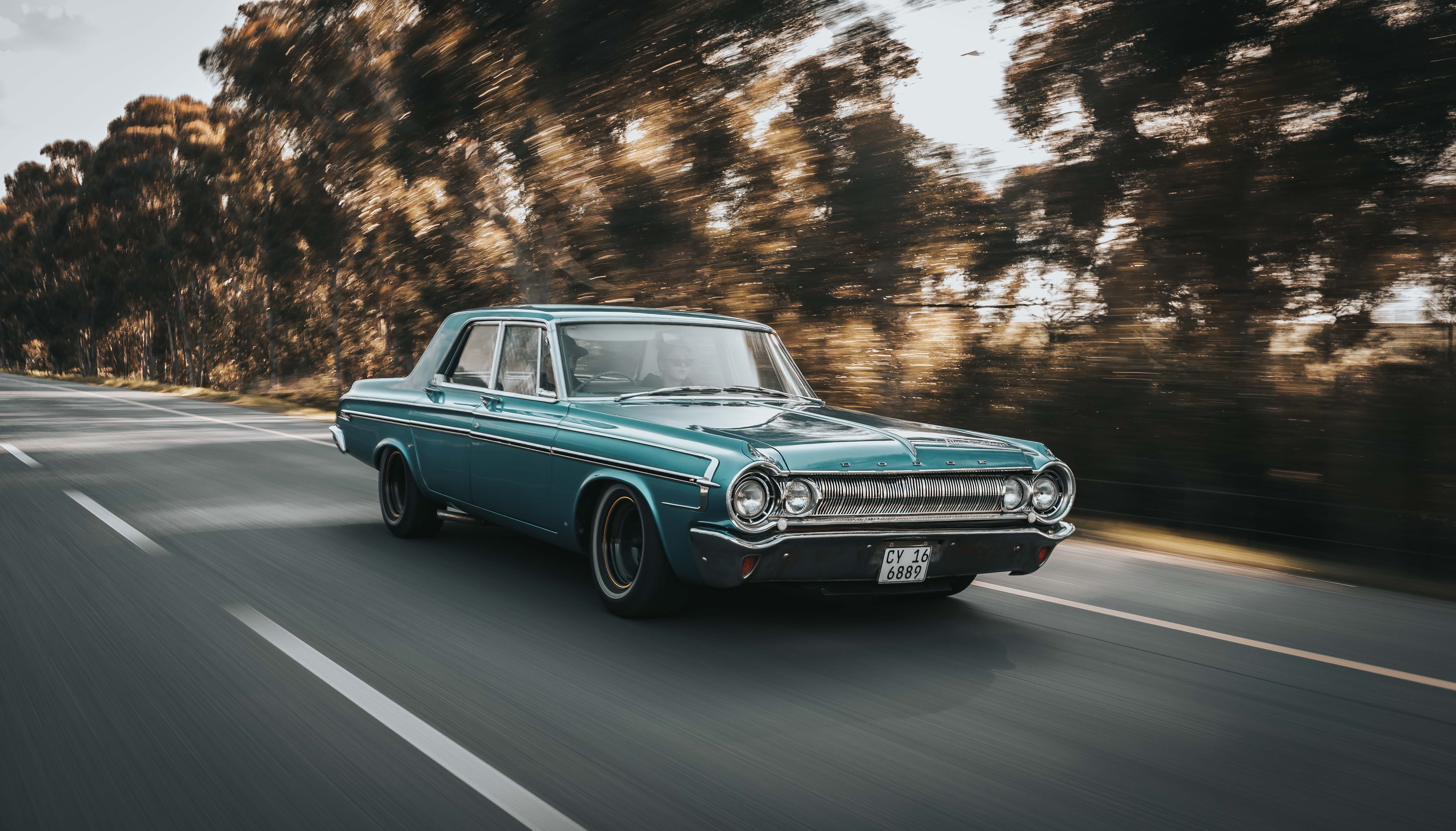 classic, sun, motion, no People, 5K, antique, sport, car, driving, old school, headlight, polara, teal, trees, sedan, cruise, obsolete, mode of Transport, HD Wallpaper