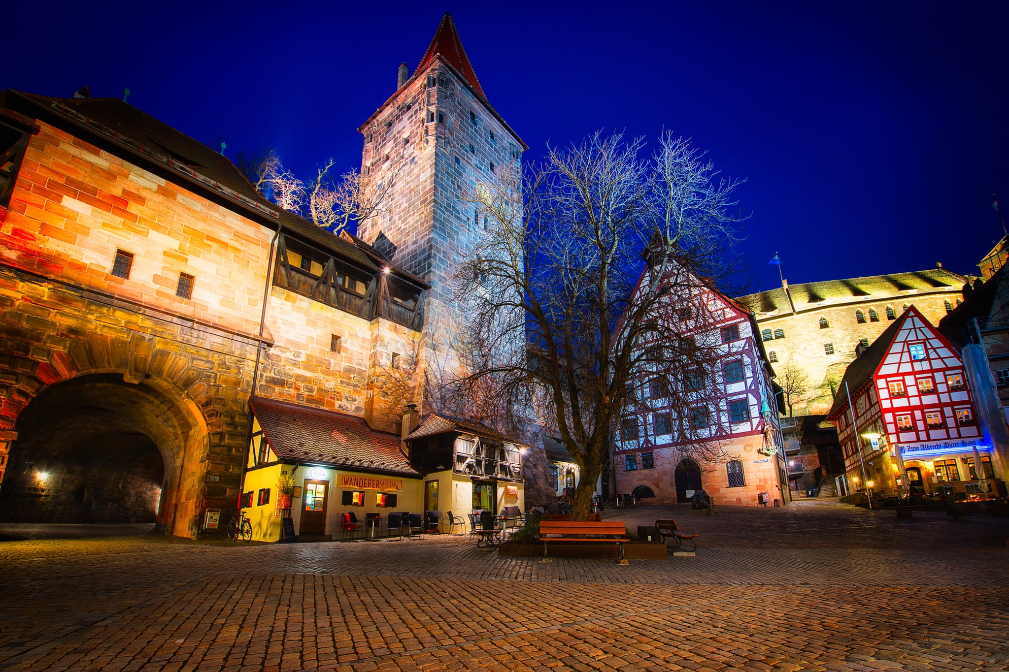Germany, tree, fortress, area, monument, Nuremberg, bridge, benches, 1080P, Nuremberg Castle, lights, home, night, HD Wallpaper