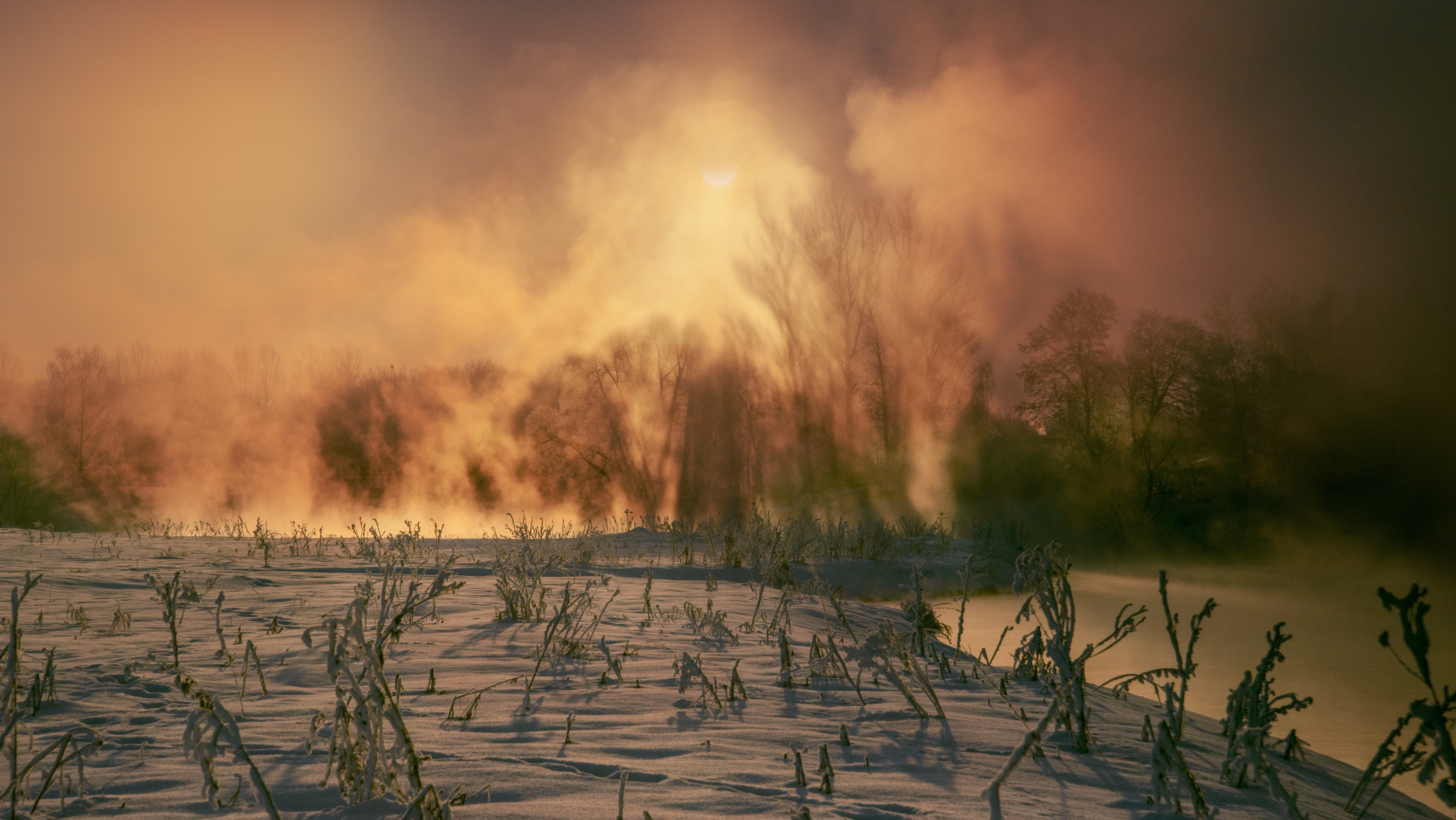 frost, snowdrifts, Russia, environment, no people, silence, sunset, river, sky, cold, nature, Morning, Snow, tranquil scene, clouds, sunrise, dawn, rime, HD Wallpaper