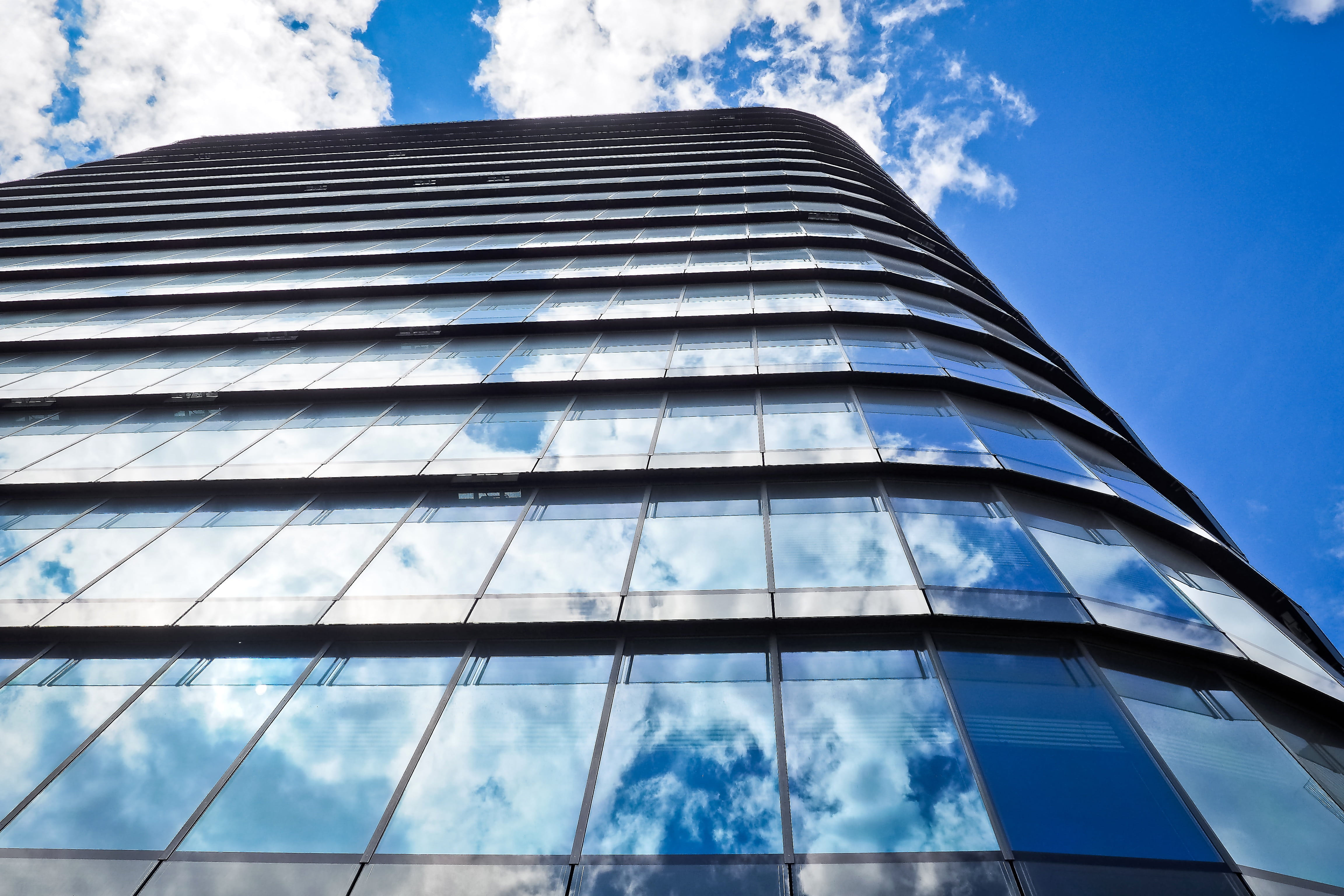 clouds, glass window, apartment, light, illuminated, no people, modern, glass facades, düsseldorf, town center, outdoors, blue sky, blue, day, office, glass front, HD Wallpaper