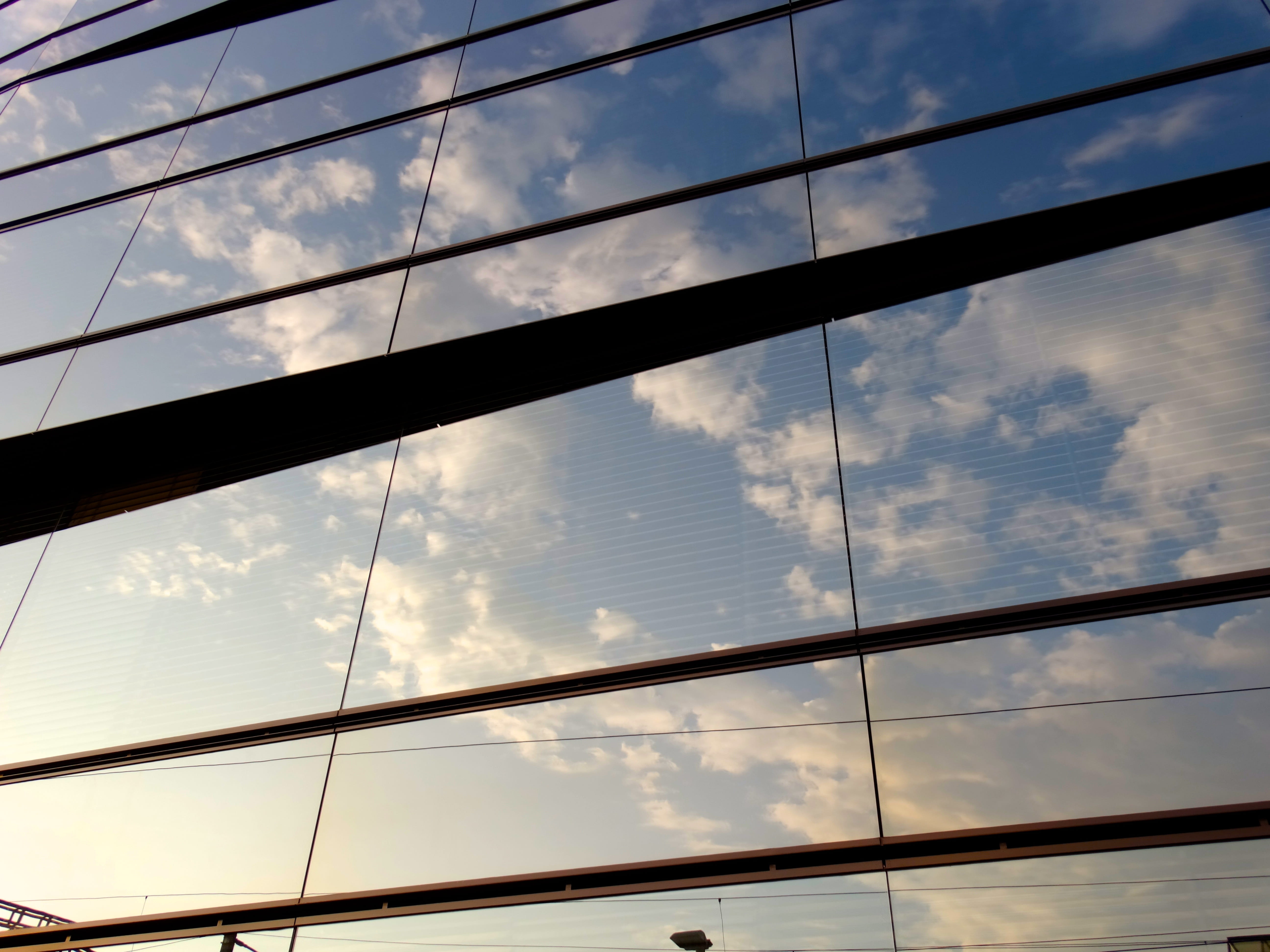 structure, backgrounds, low angle view, sky, glass front, built structure, facade, cloud - sky, glass - material, blue, day, metal, transparent, modern, HD Wallpaper