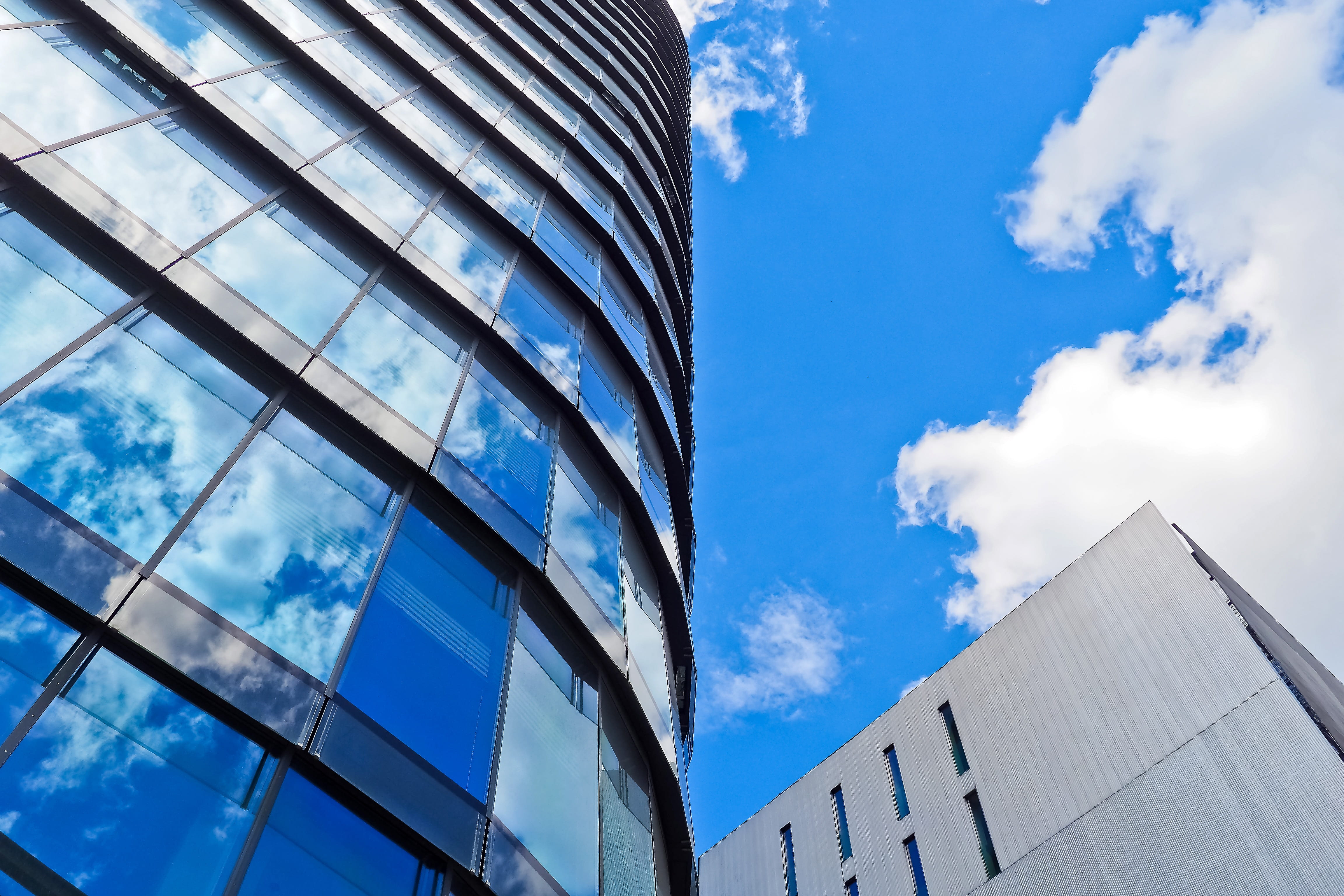 global communications, modern building, low angle shot, Skyscraper, Architecture, day, no people, office building exterior, glass front, illuminated, reflection, HD Wallpaper