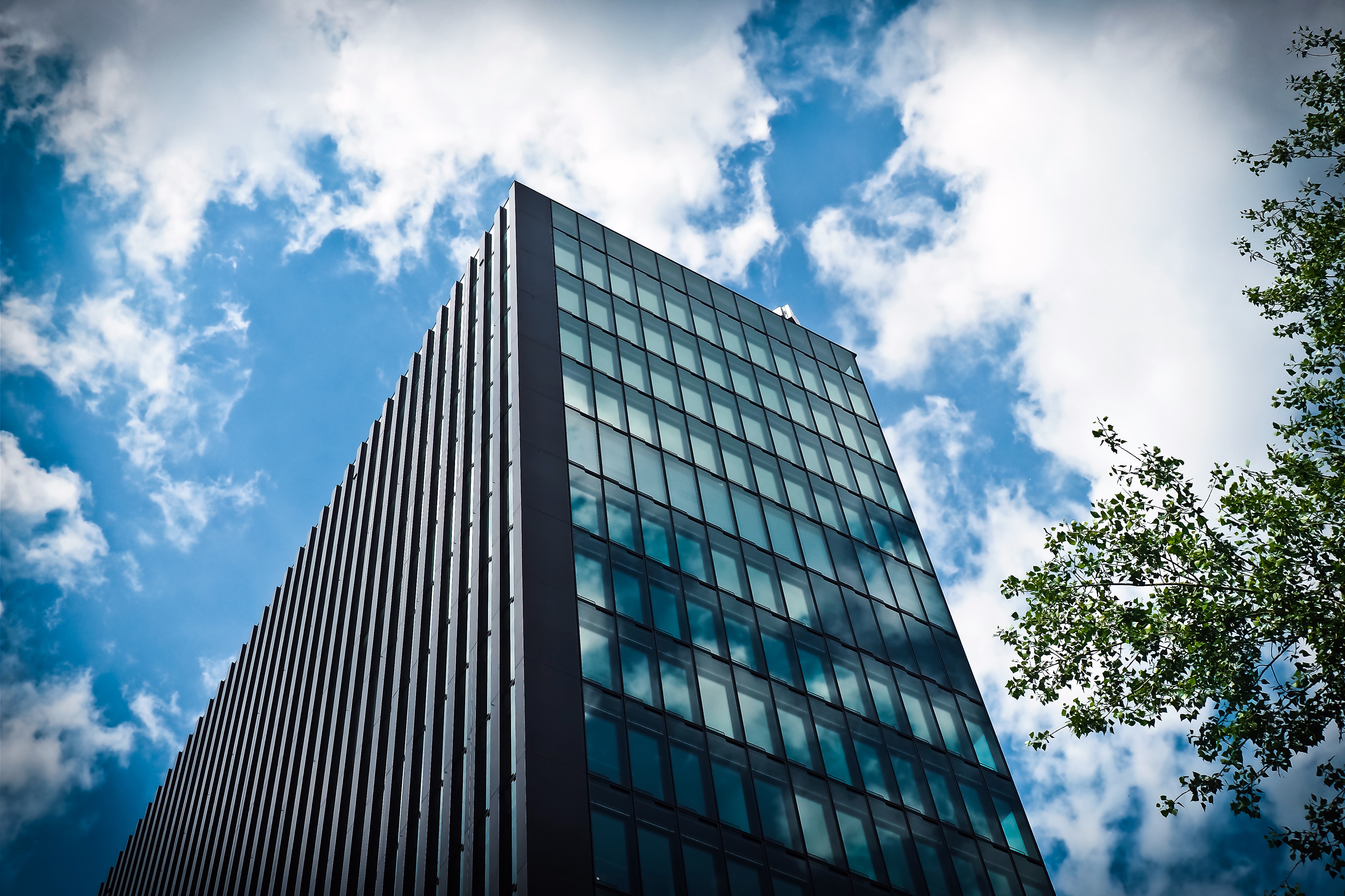 cloud - sky, glass - Material, glazing, nature, day, blue, low angle view, architecture, urban Scene, business, 4K, tall - high, office Building, modern, HD Wallpaper