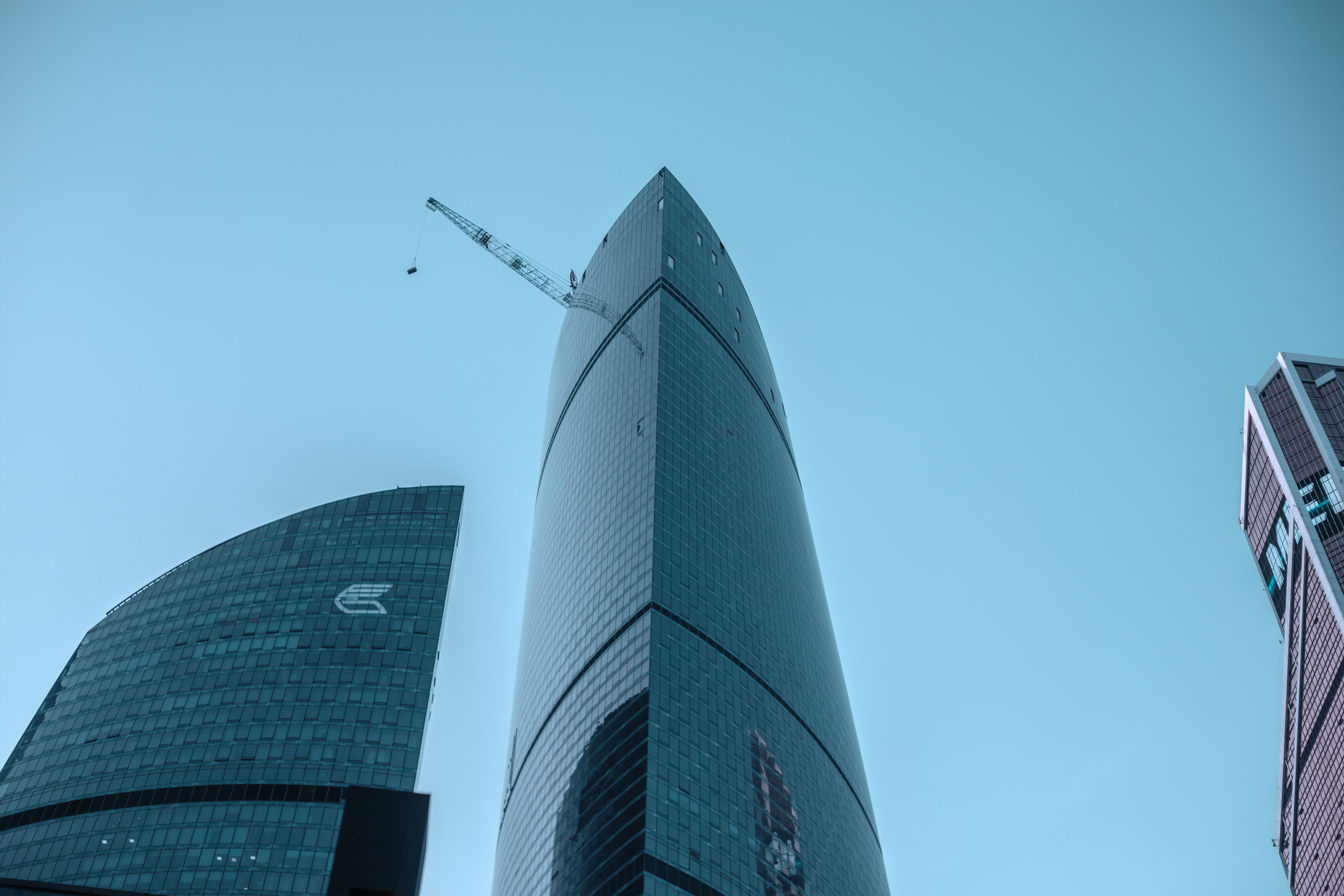 sky, blue sky, city, built Structure, office center, window, office building exterior, street, blue, business, glass - material, travel destinations, tall - high, HD Wallpaper