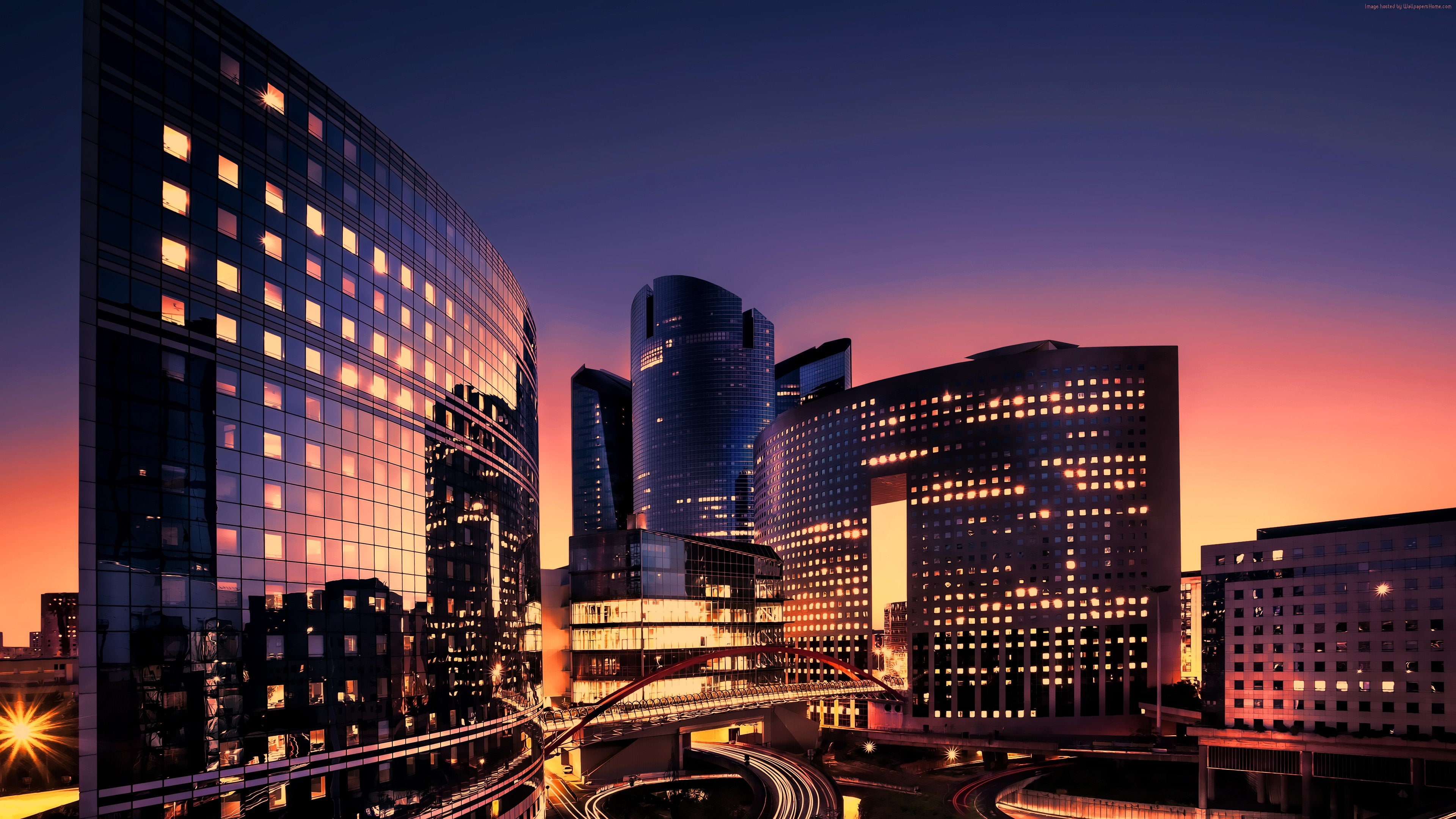 office, downtown district, sky, dusk, no people, outdoors, building, 4K, nightlife, building exterior, urban skyline, city life, city, modern, built structure, HD Wallpaper
