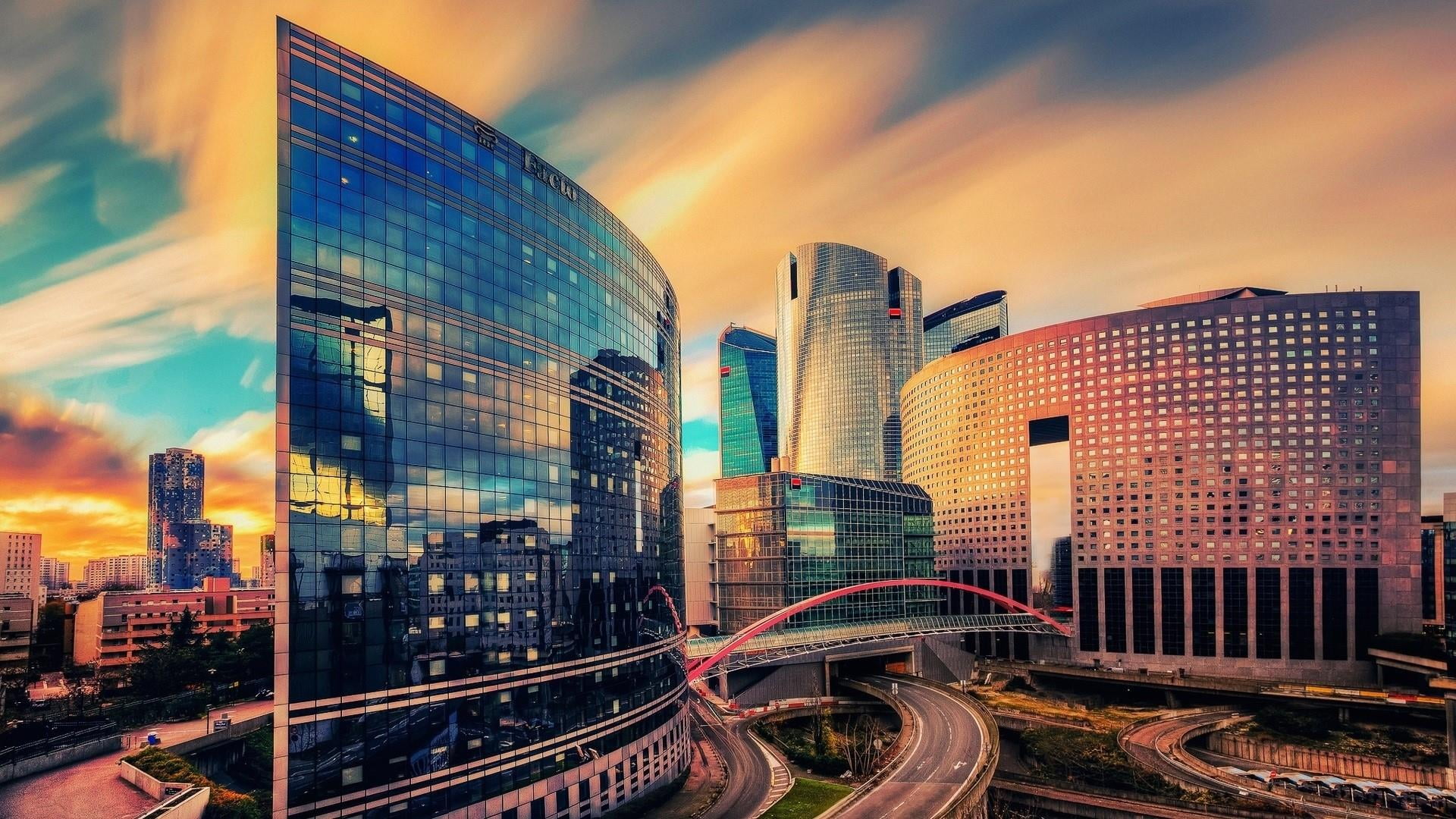 sky, office, built structure, france, city, modern architecture, outdoors, cityscape, 1080P, illuminated, downtown district, europe, skyscraper, skyline, HD Wallpaper