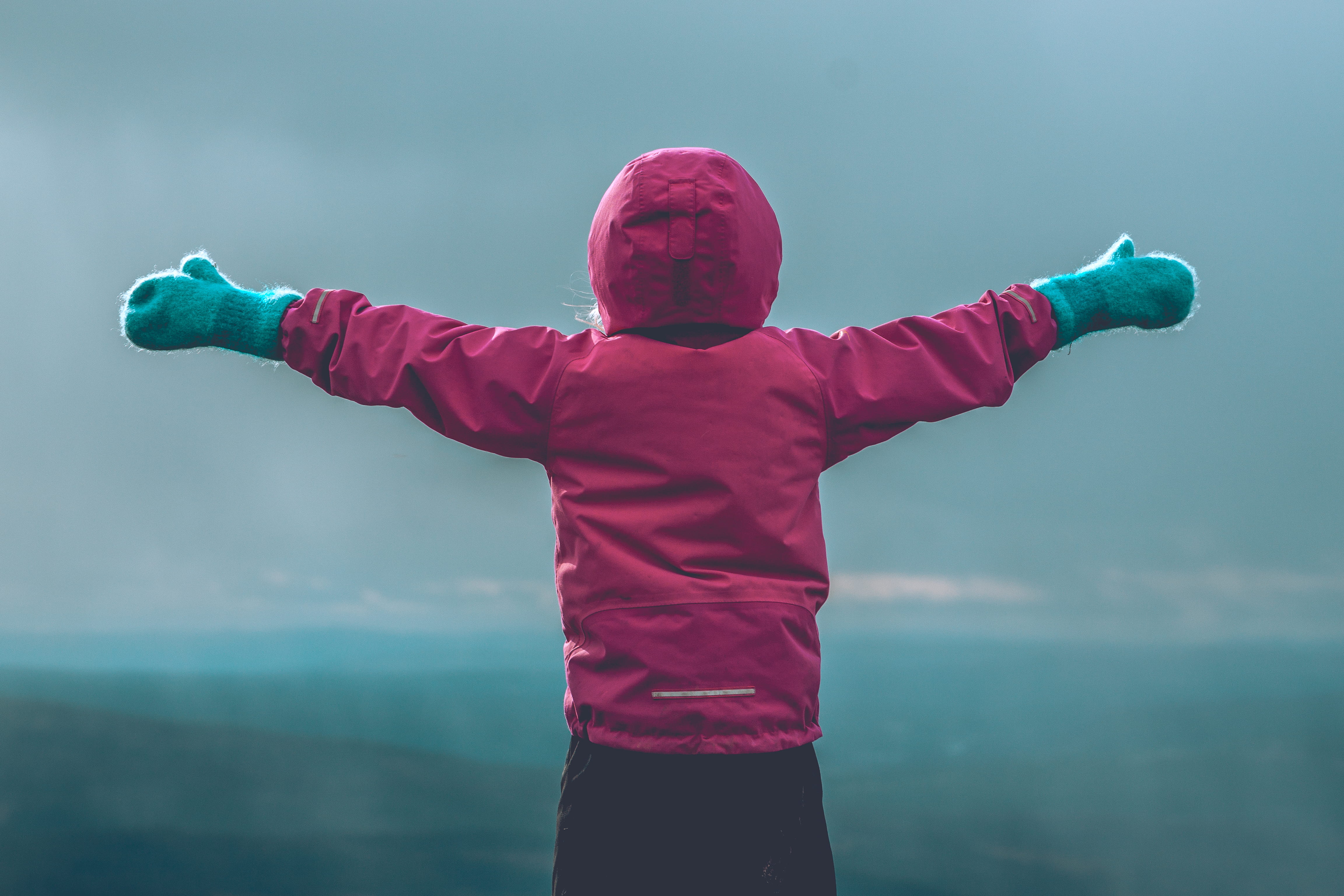 hood, girl, winter, mountain, outdoor, hiking, waist up, sea, arms spread, pink, arms raised, person, view, human arm, human limb, norway, arms outstretched, HD Wallpaper