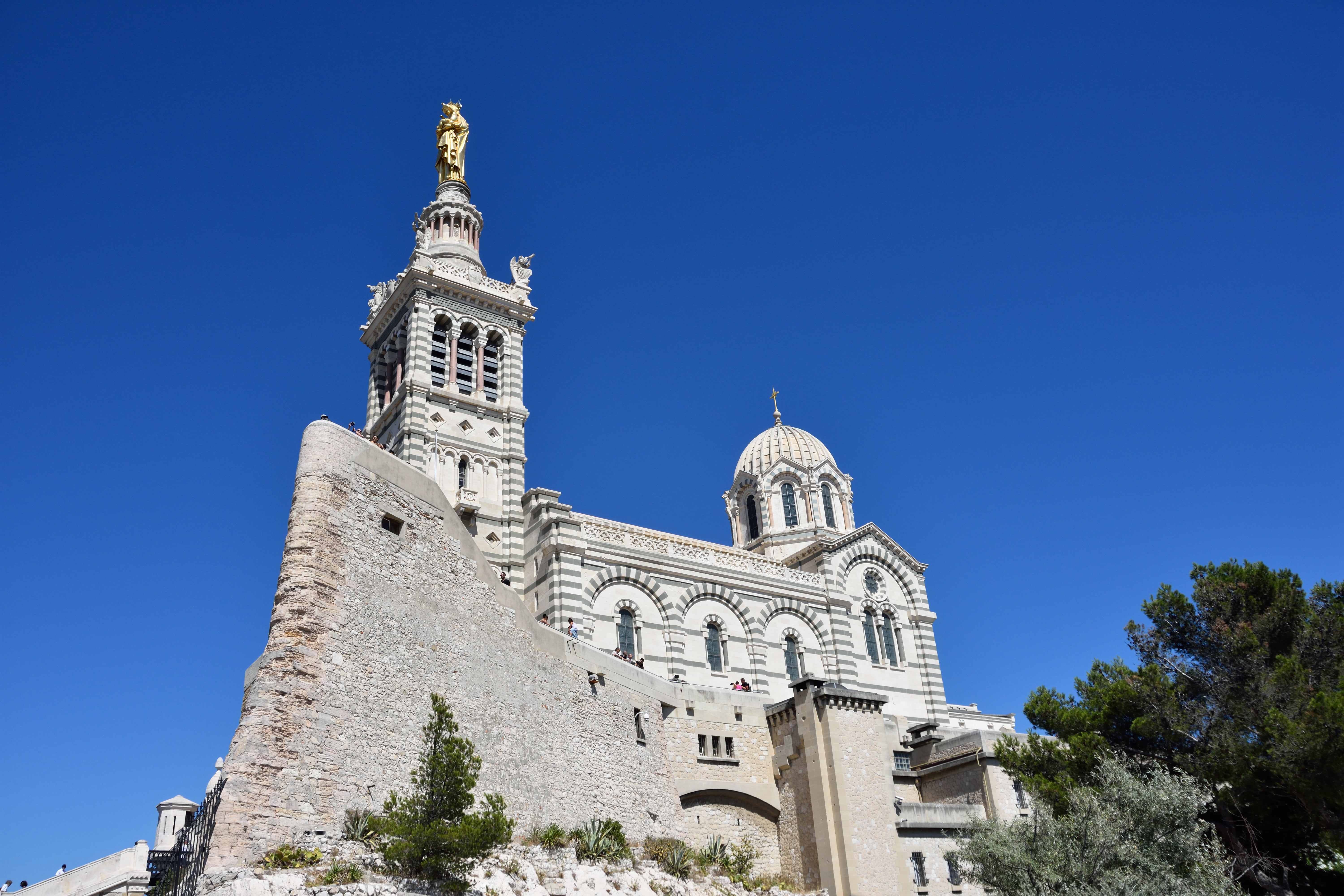 outdoors, built structure, pilgrimage, religion, blue sky, travel destinations, nature, notre-dame-de-la-garde, low angle view, tower, travel, the past, HD Wallpaper