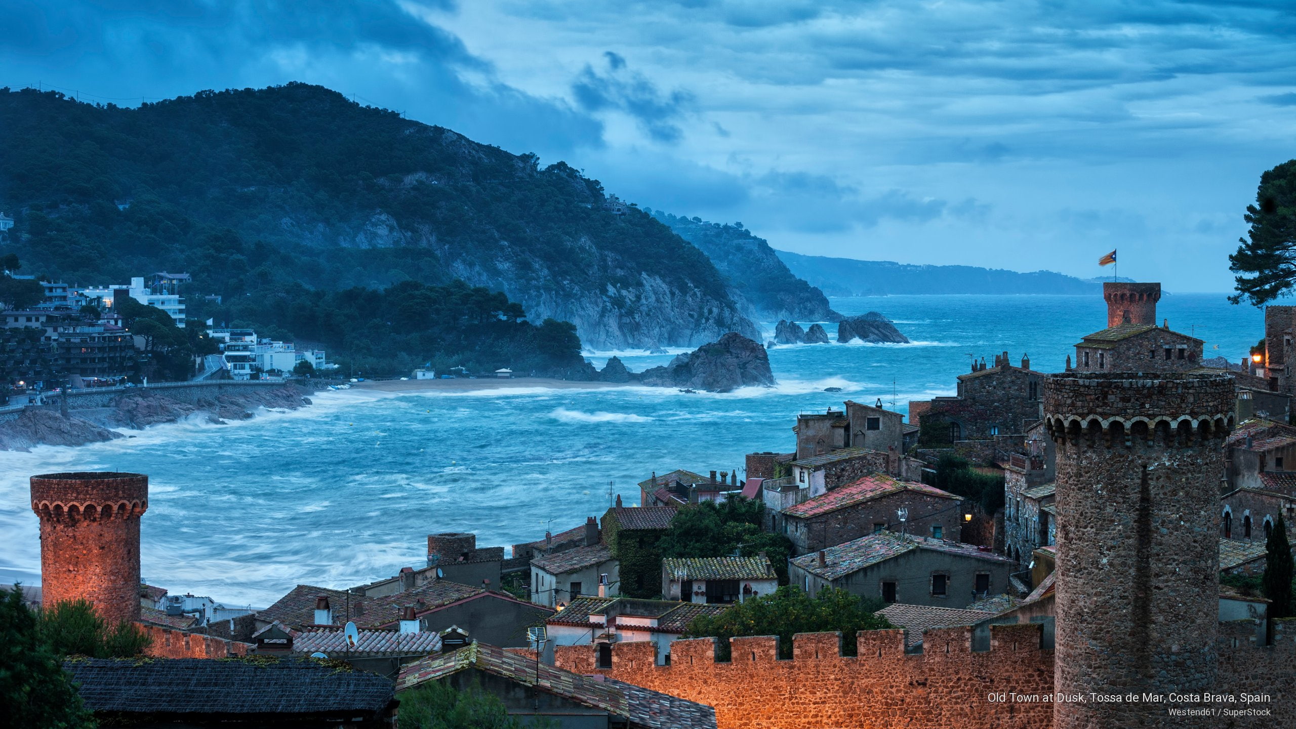 costa, 2K, tossa, mar, de, old, town, brava, spain, Europe, dusk, HD Wallpaper