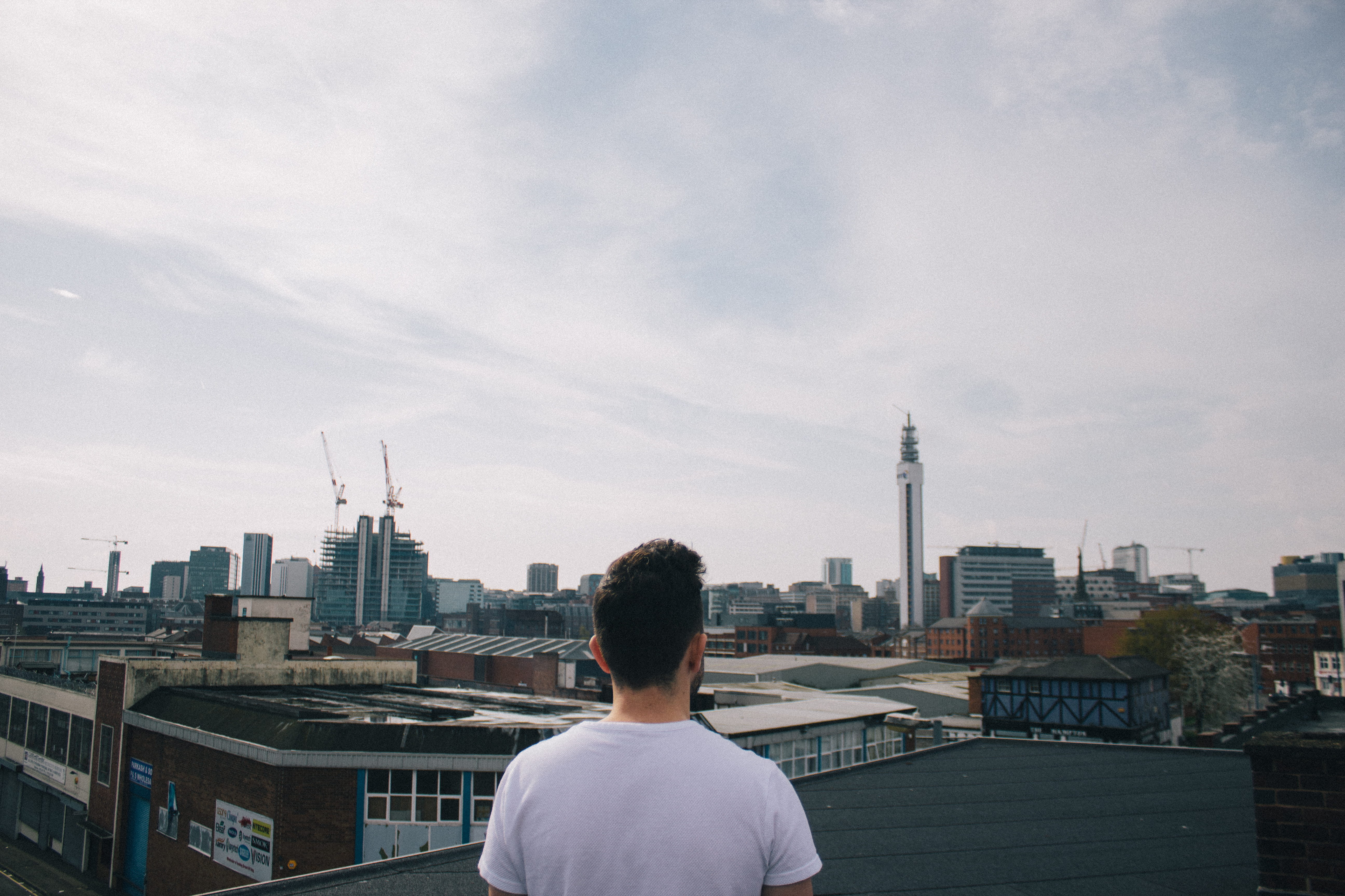 skyscraper, centre, looking at view, united kingdom, nature, hairstyle, adult, building, standing, jewellery quarter, rear view, waist up, handsome young man, HD Wallpaper