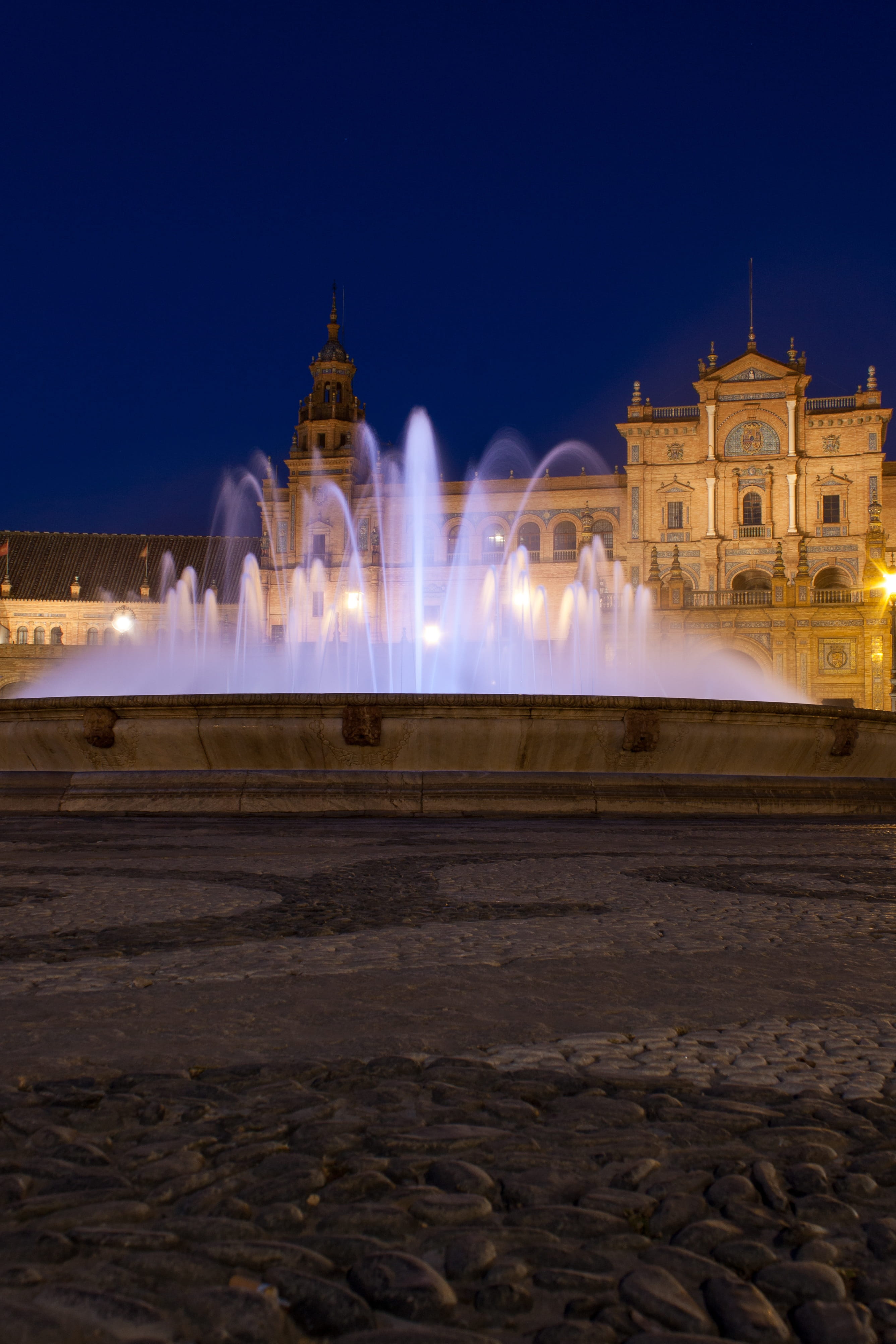 spain, illuminated, government, twilight, no people, water, building exterior, architecture, 4K, seville, outdoors, building, long exposure, sky, city, Phone HD Wallpaper