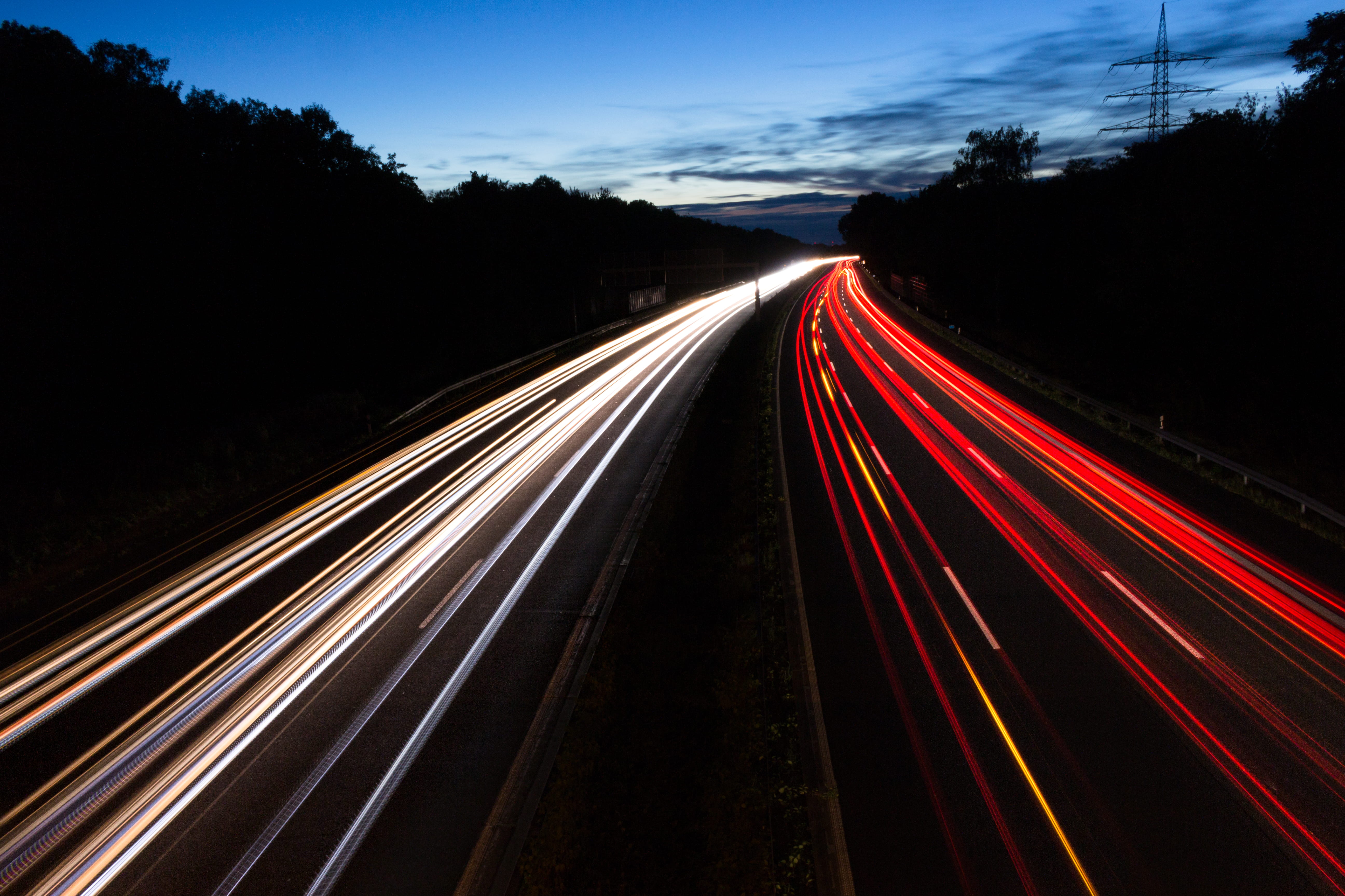 metropolis, vehicle light, direction, outdoors, motion, no people, sky, high, passing, germany, nature, overpass, speed, cars, night, illuminated, red, HD Wallpaper