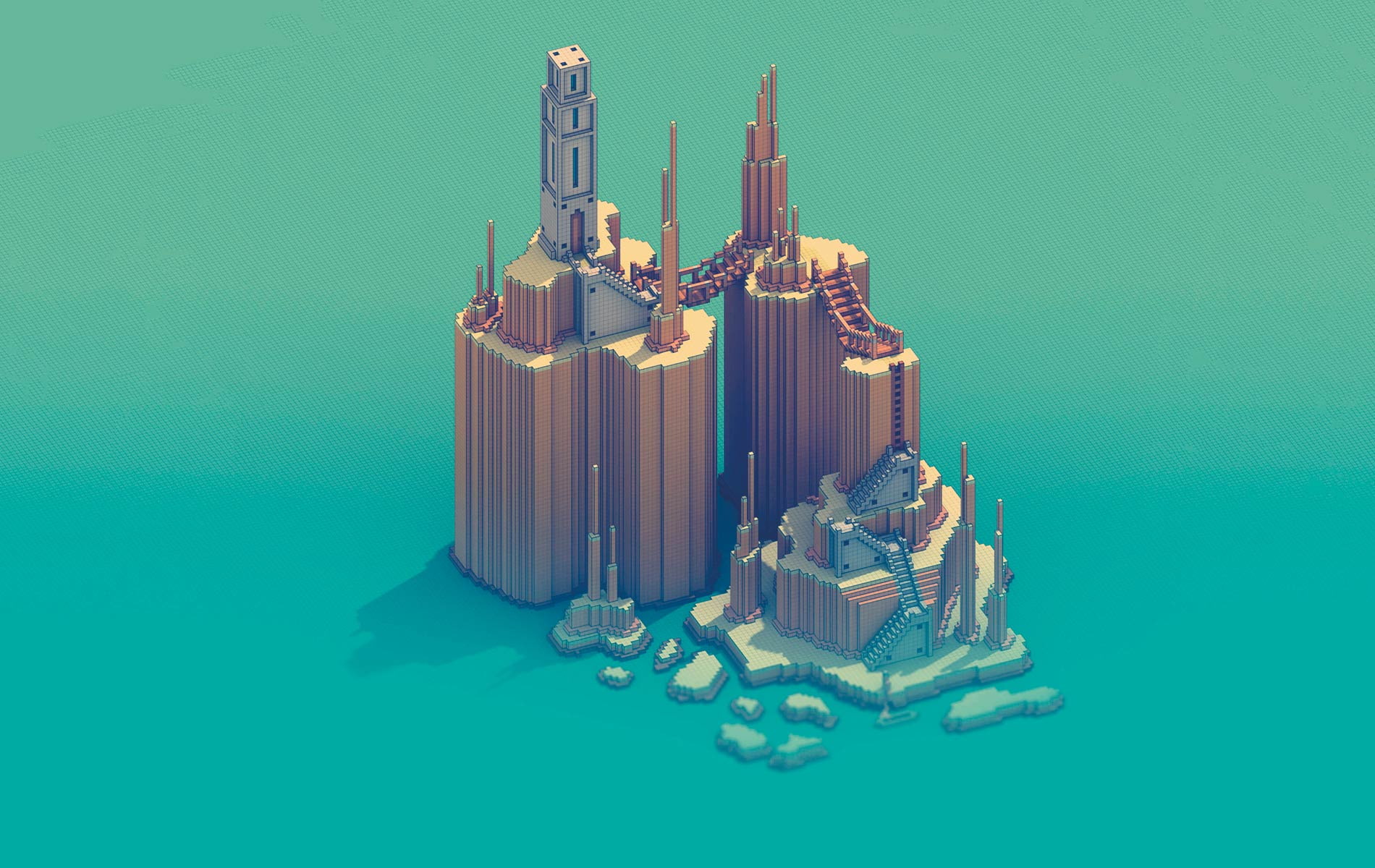 building, tower, skyscraper, digital art, stairs, 720P, 3D, bridge, cube, grid, blue background, HD Wallpaper