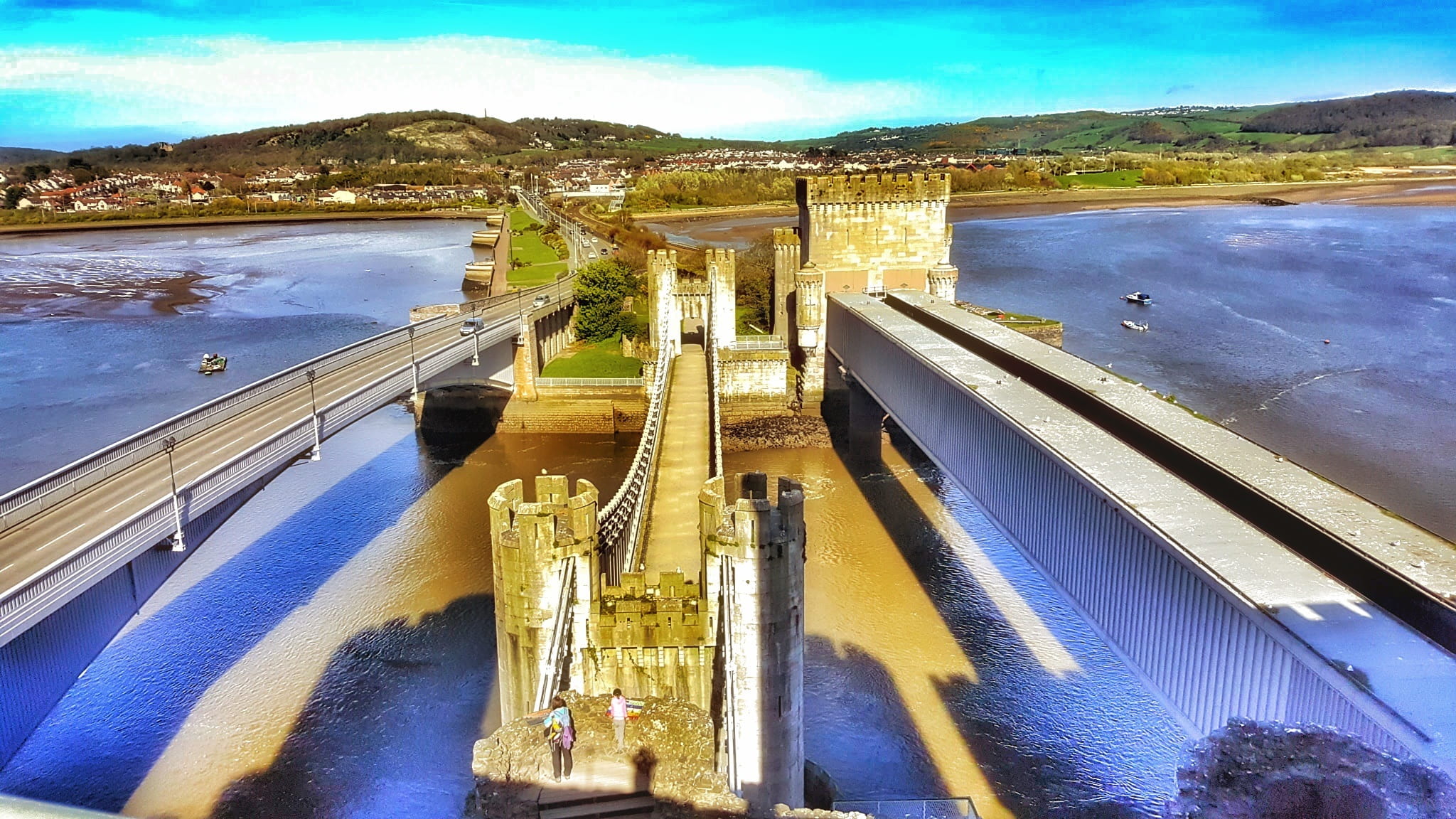 outdoors, connection, industry, dam, pipe - tube, pipeline, building exterior, architecture, sky, river, no people, famous Place, Conway Castle, blue, flowing water, HD Wallpaper