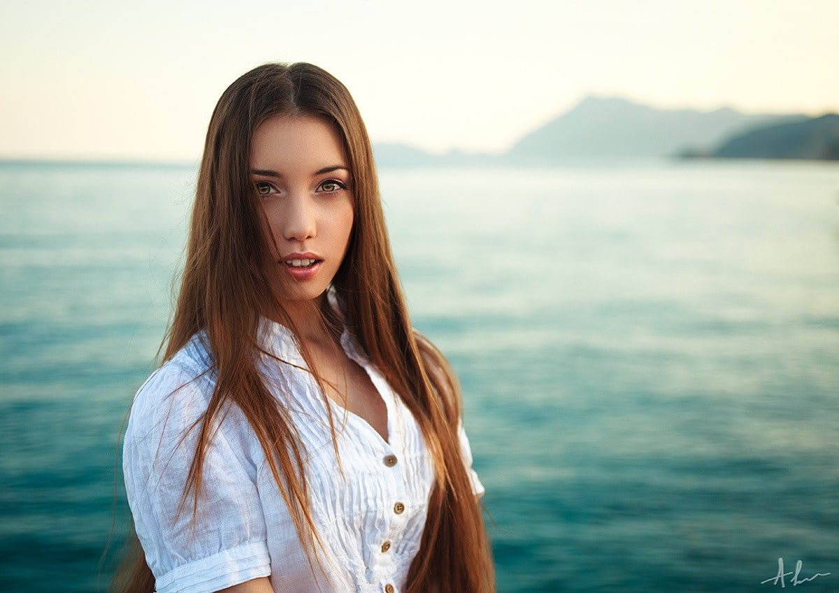 depth of field, looking at viewer, women, long hair, open mouth, yellow eyes, 480P, brunette, white dress, HD Wallpaper