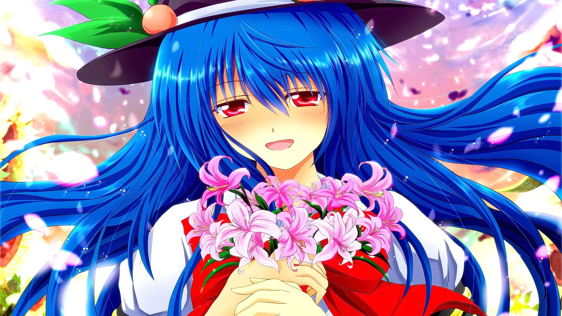 art and craft, no people, creativity, open mouth, female likeness, multi colored, blue, anime, hat, statue, anime girls, red eyes, flower, festival, 1080P, HD Wallpaper